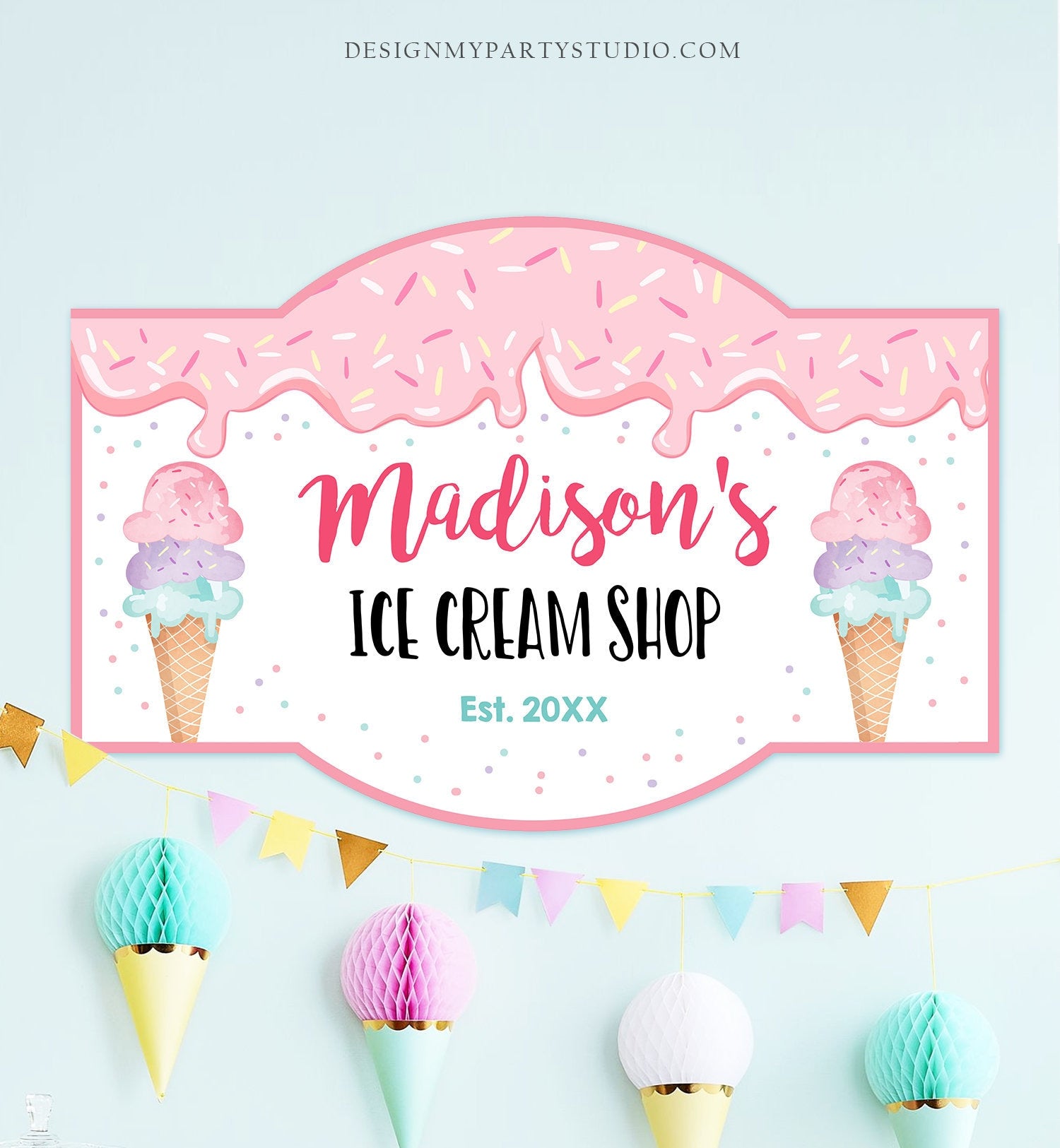 Editable Ice Cream Shop Sign Ice Cream Birthday Welcome Ice Cream Parlor Girl Summer Pink Purple Mint Summer Template PRINTABLE Corjl 0243