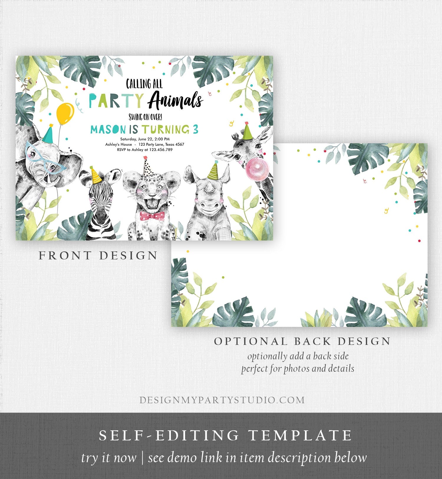 Editable Party Animals Birthday Invitation Boy Safari Animals Wild One Calling all Animals Zoo Jungle Download Evite Template Printable 0322