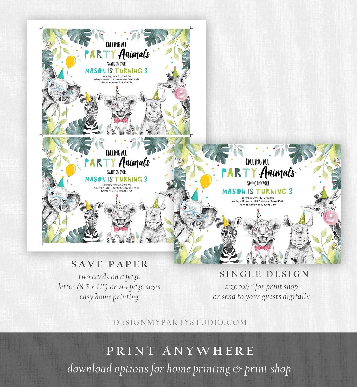 Editable Party Animals Birthday Invitation Boy Safari Animals Wild One Calling all Animals Zoo Jungle Download Evite Template Printable 0322