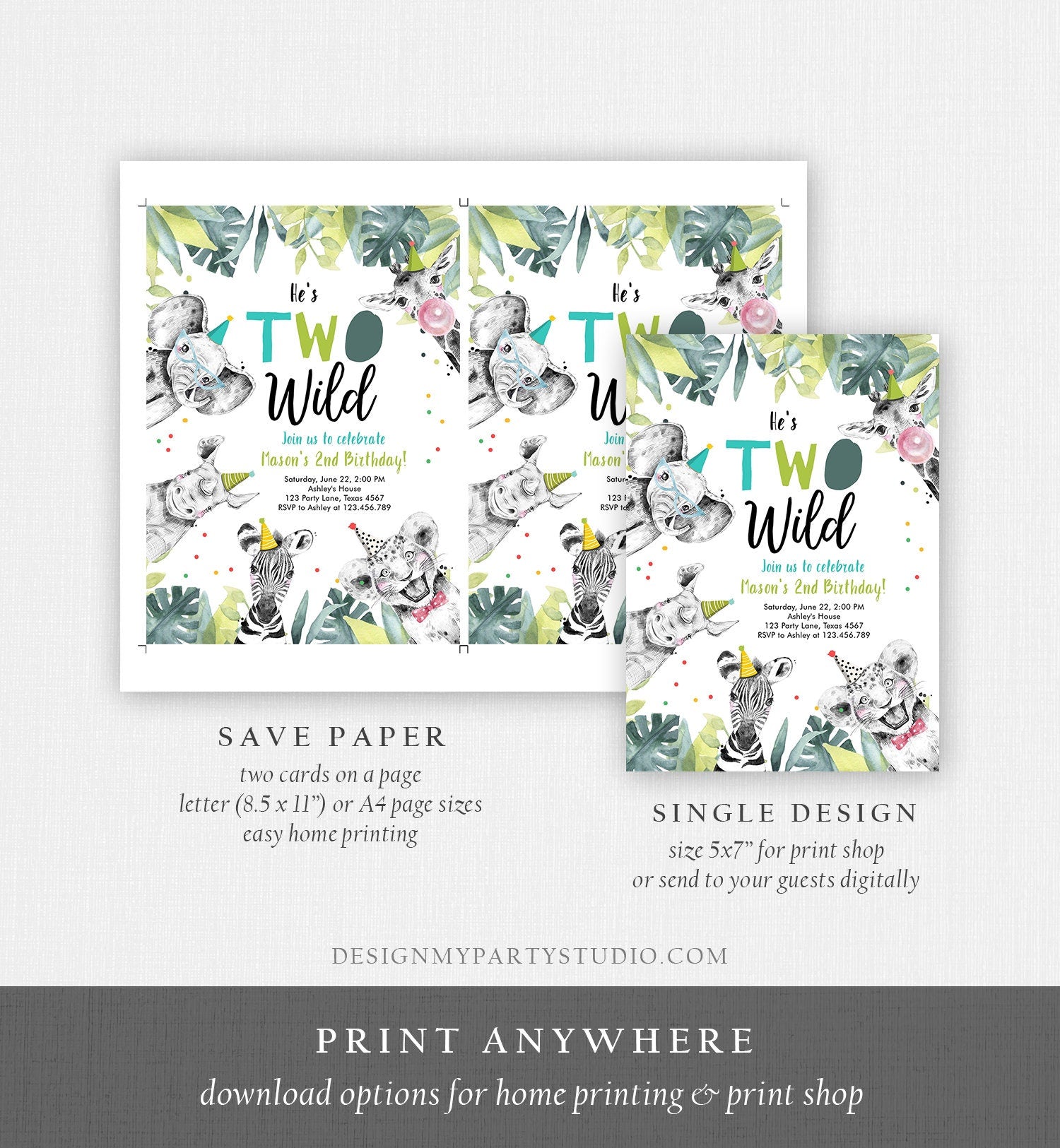 Editable Two Wild Birthday Invitation Boy Second Birthday 2nd Safari Animals Jungle Zoo Party Animals Digital Evite Template Printable 0322