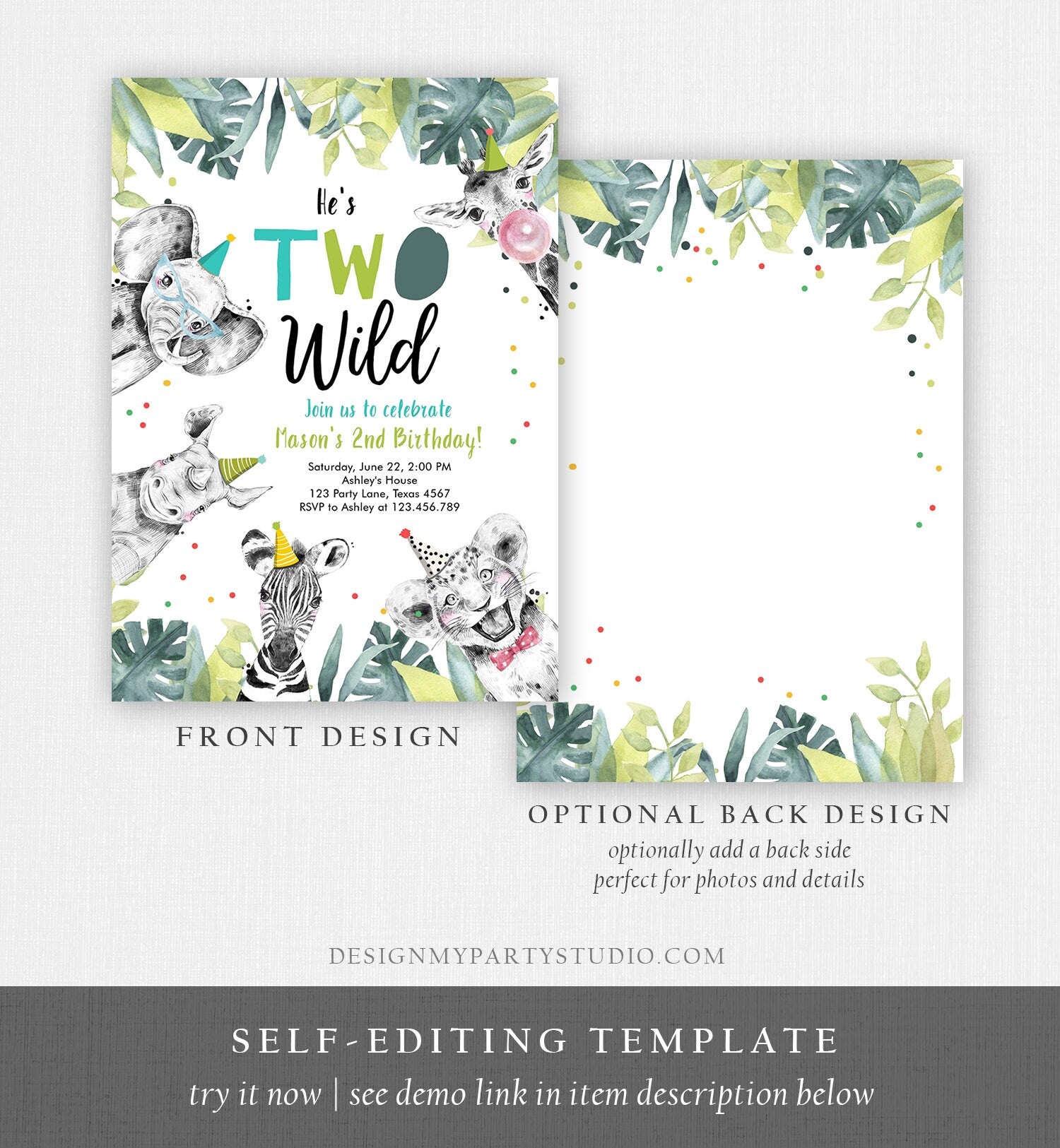 Editable Two Wild Birthday Invitation Boy Second Birthday 2nd Safari Animals Jungle Zoo Party Animals Digital Evite Template Printable 0322