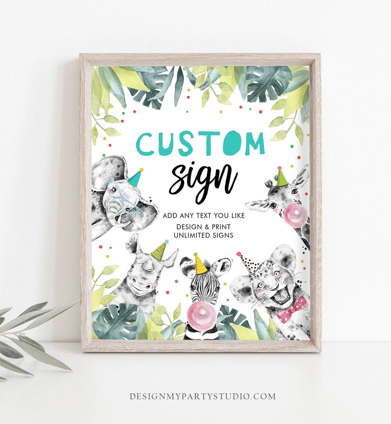 Editable Party Animals Custom Boy Birthday Safari Animals Sign Wild One Decor Zoo Table Sign Decoration 8x10 Corjl Template Printable 0322