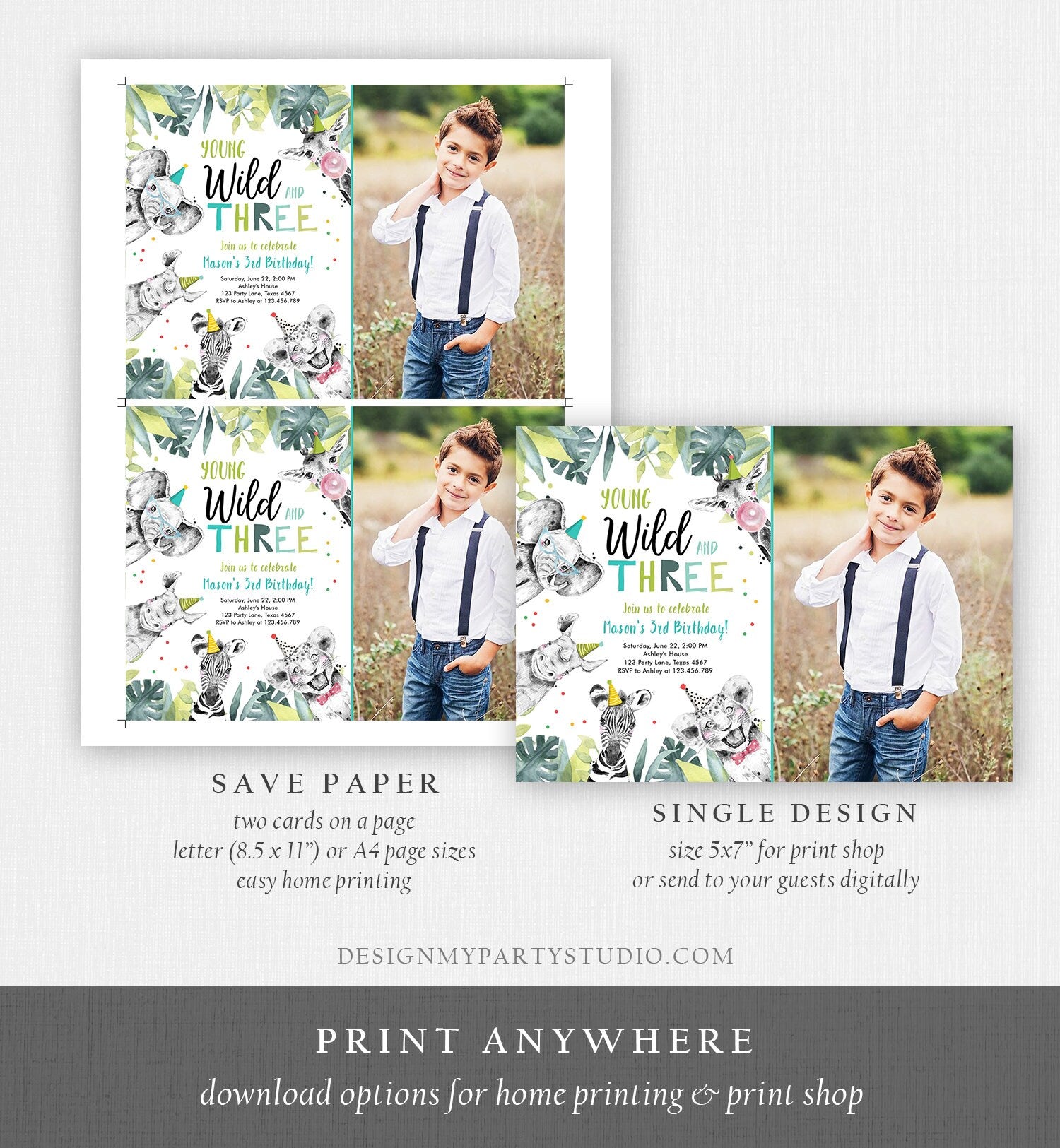 Editable Young Wild and Three Invitation Boy Third Birthday 3rd Safari Animals Zoo Party Animals Digital Corjl Template Printable 0322