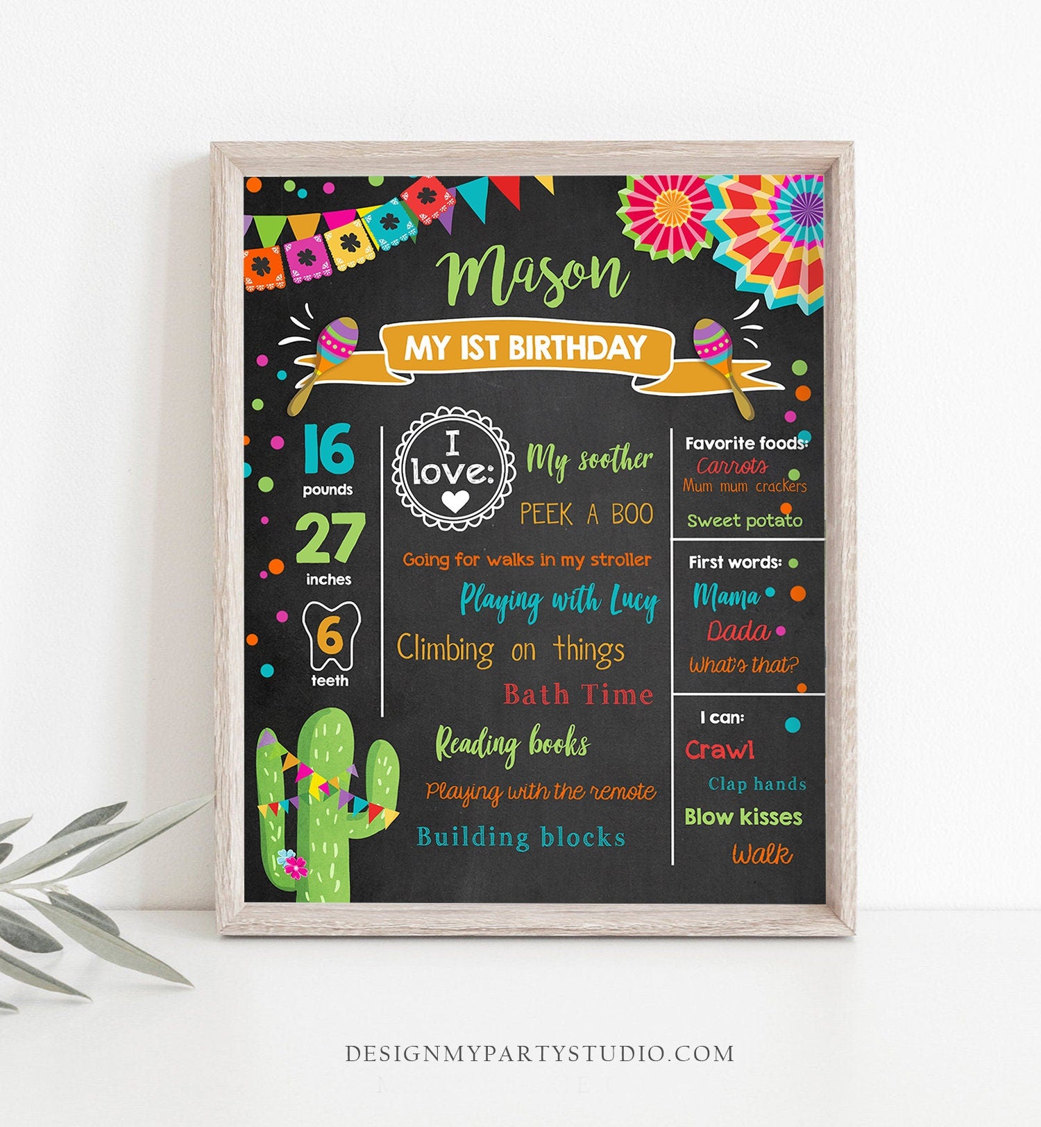 Editable First Fiesta Birthday Milestones Sign First Birthday Poster 1st Birthday Mexican Cactus Digital Download Template Printable 0045