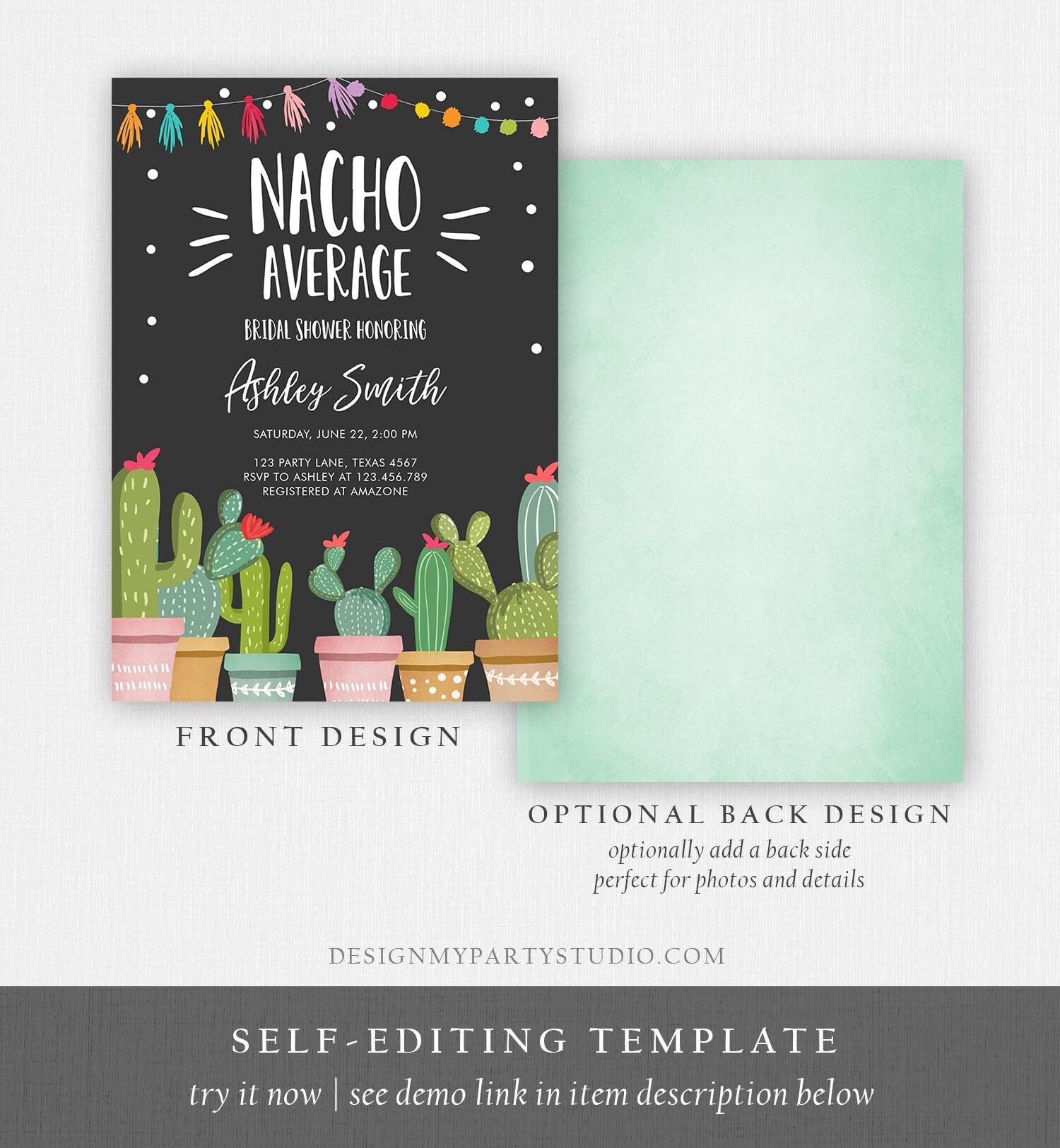 Editable Nacho Average Bridal Shower Invitation Fiesta Cactus Mexican Bachelorette Party Taco Bout Love Coed Corjl Template Printable 0254