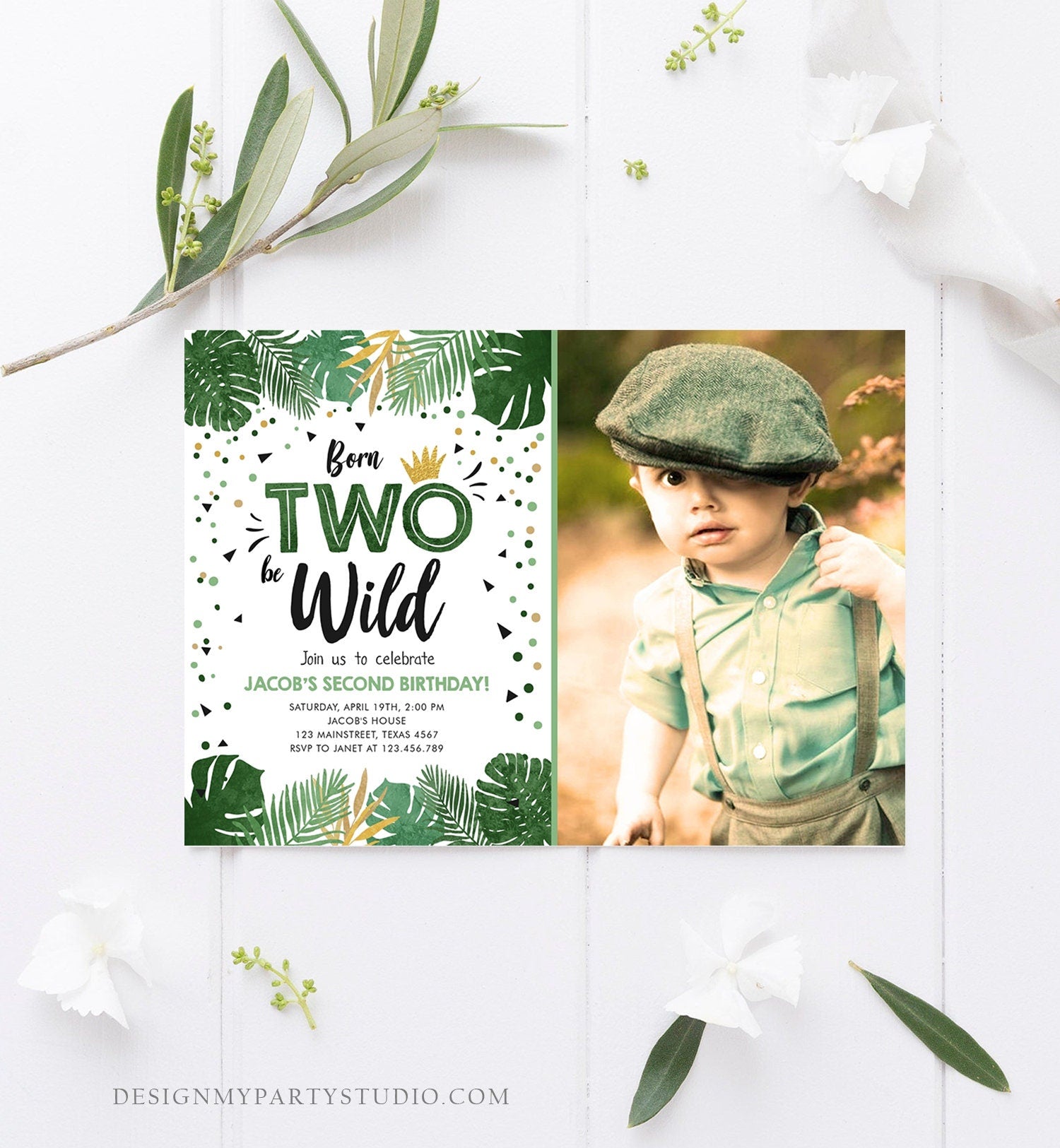 Editable Born Two be Wild Birthday Invitation Boy Tropical Safari Animals Boy Gold Second 2nd Digital Download Template Printable 0332
