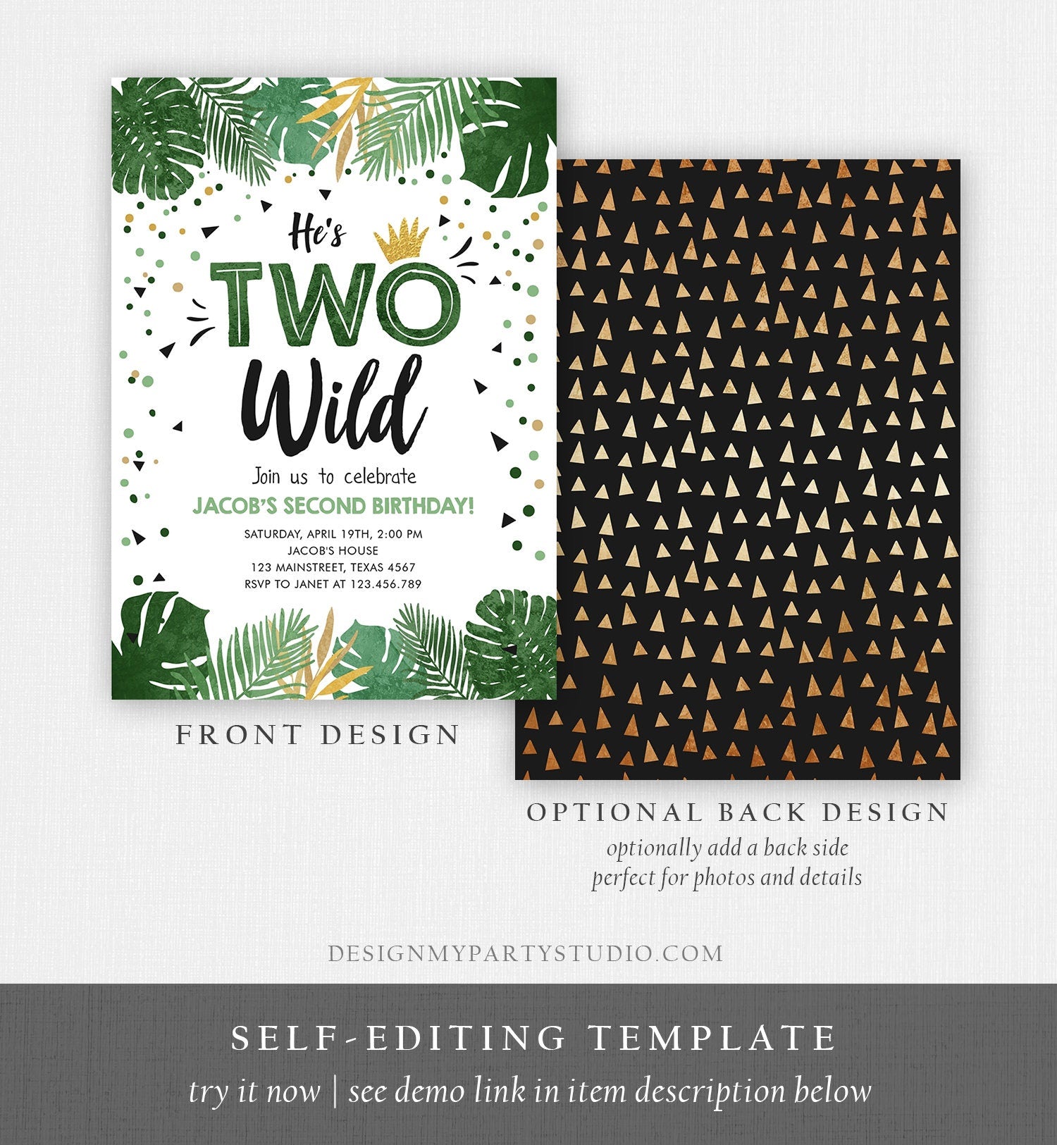 Editable Two Wild Birthday Invitation Boy Tropical Safari Boy Gold Jungle Second Birthday 2nd Digital Download Template Printable 0332