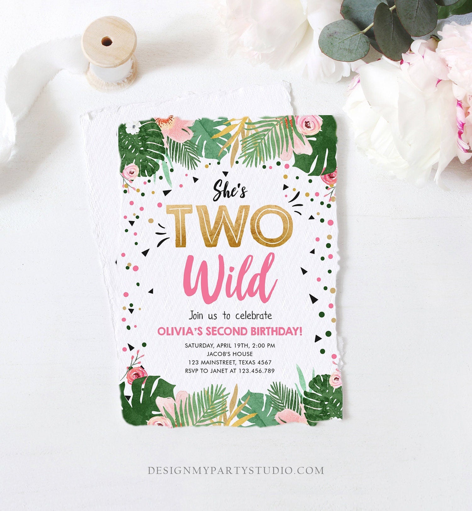 Editable Two Wild Birthday Invitation Girl Tropical Safari Pink Gold Jungle Second Birthday 2nd Download Evite Template Printable 0332