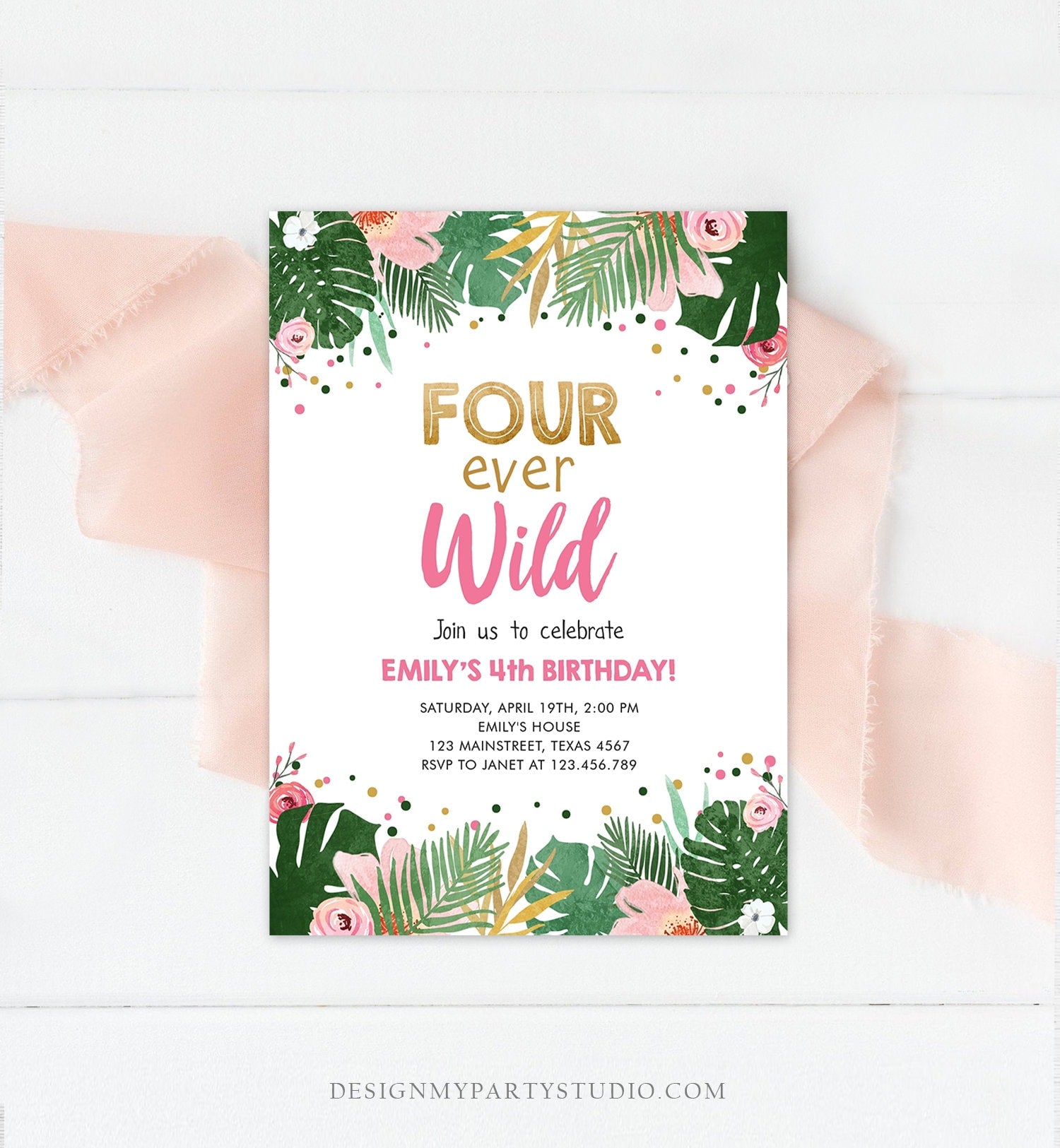 Editable Fourever Wild Birthday Invitation Tropical Safari Zoo Jungle Pink Gold Girl Fourth Birthday 4th Four Ever Wild Corjl Template 0332