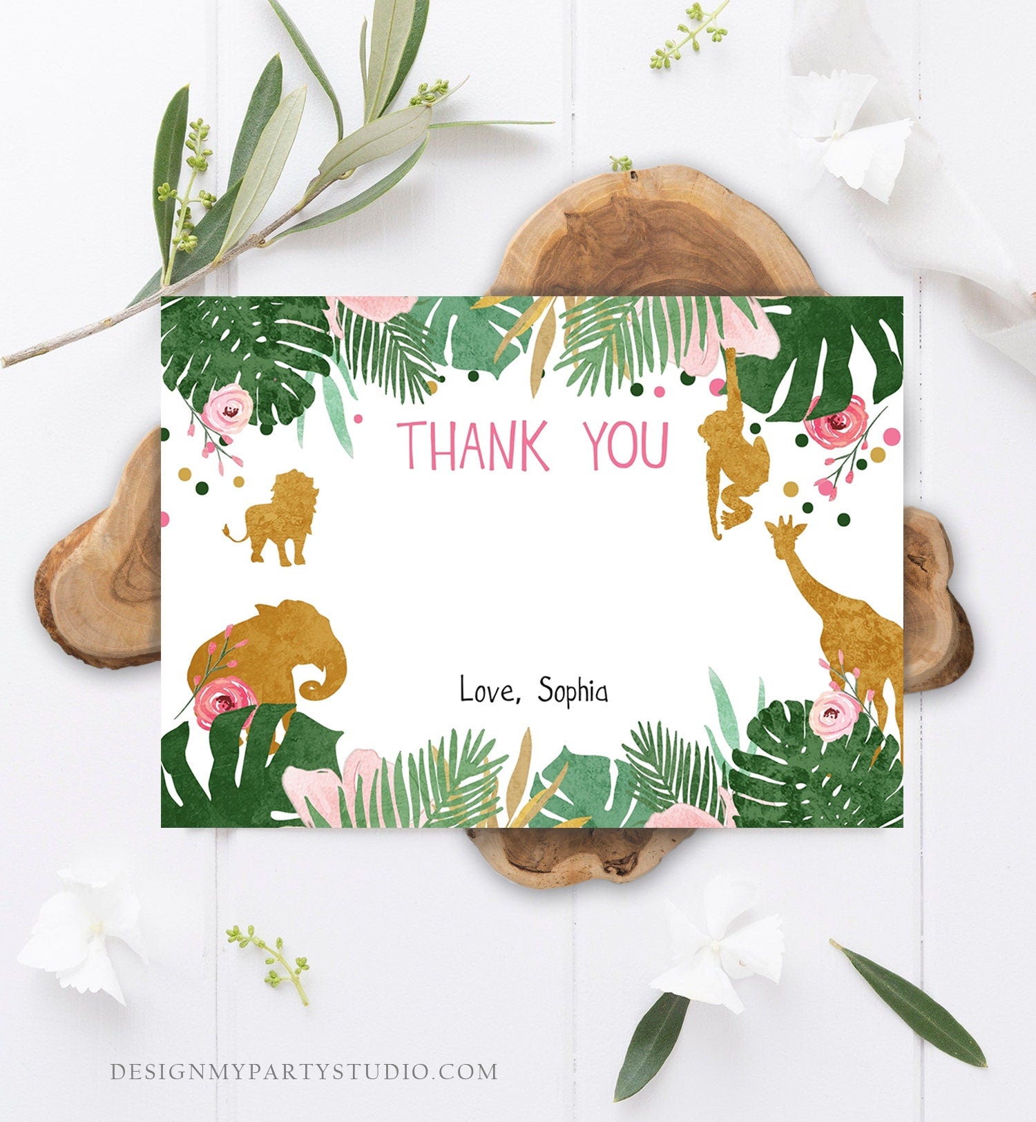 Editable Safari Animals Thank You Card Wild One Thank You Note Pink Gold Girl Jungle Wild Animals Printable Corjl Template Digital 0016