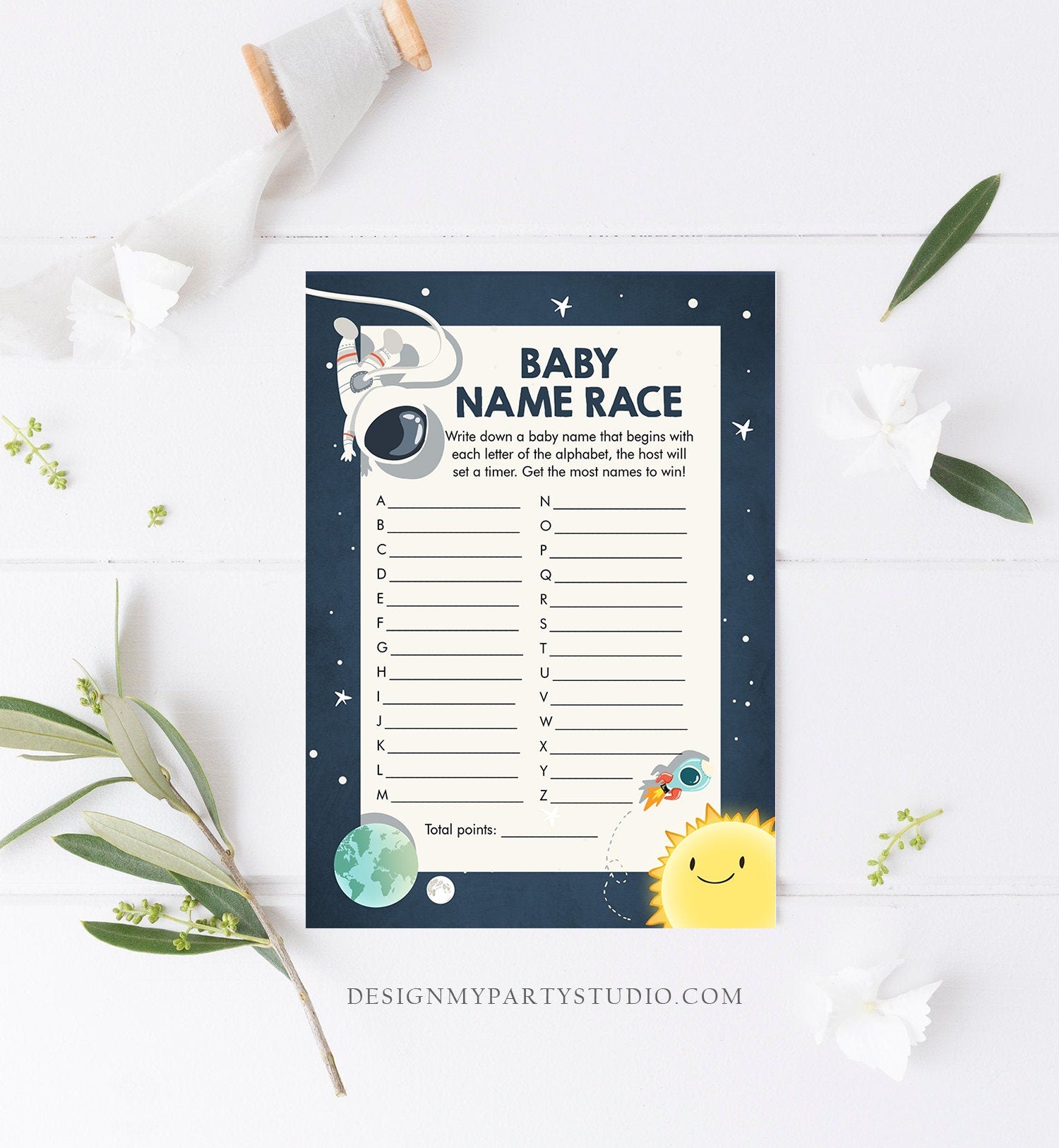 Editable Baby Name Race Baby Shower Game Space Baby Shower Activity Astronaut Rocket Boy Space Ship Fun Names Template Printable 0046