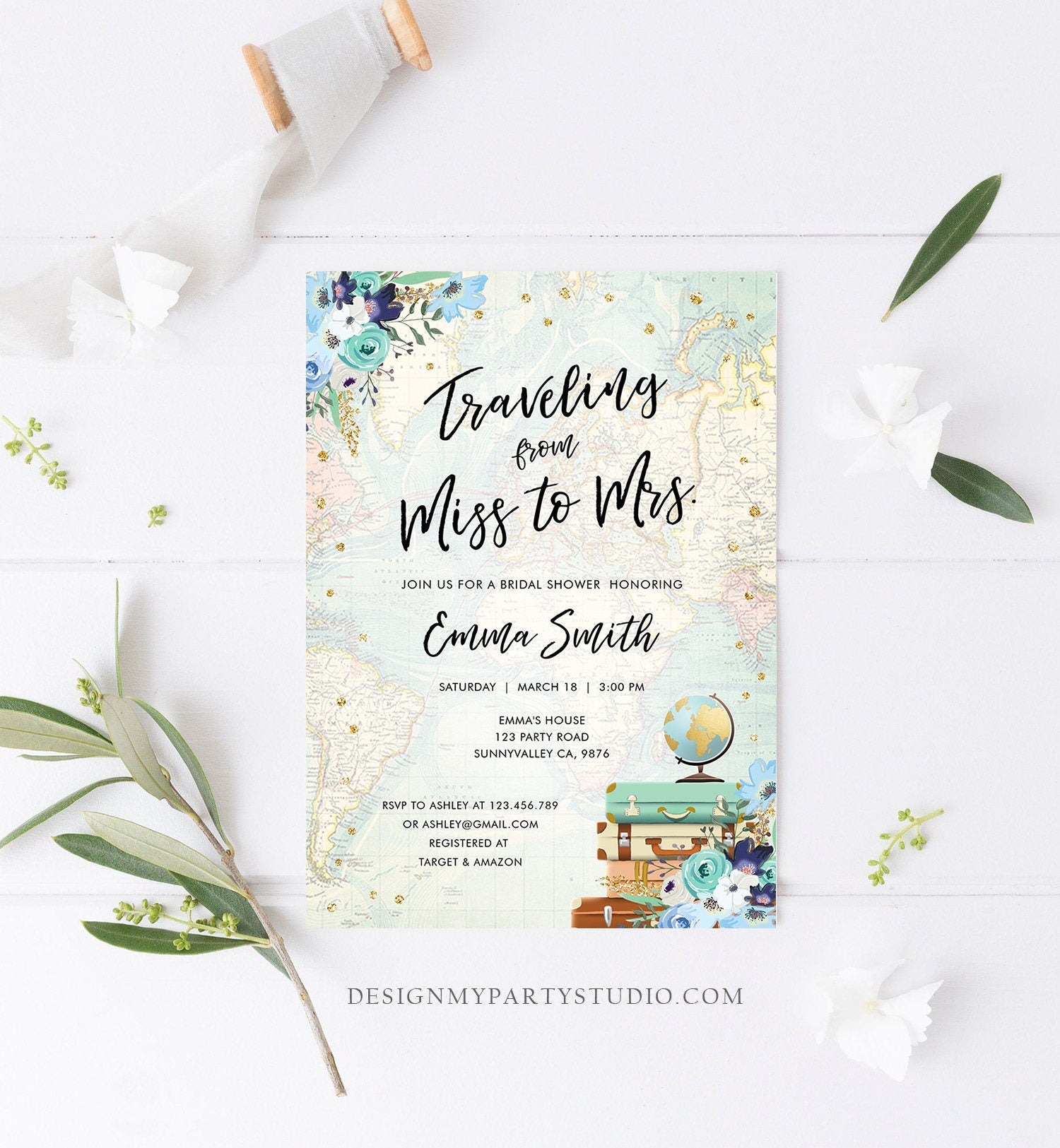 Editable Miss to Mrs Travel Bridal Shower Invitation Flowers Globe Suitcase Navy Blue Gold Confetti Traveling Printable Corjl Template 0030