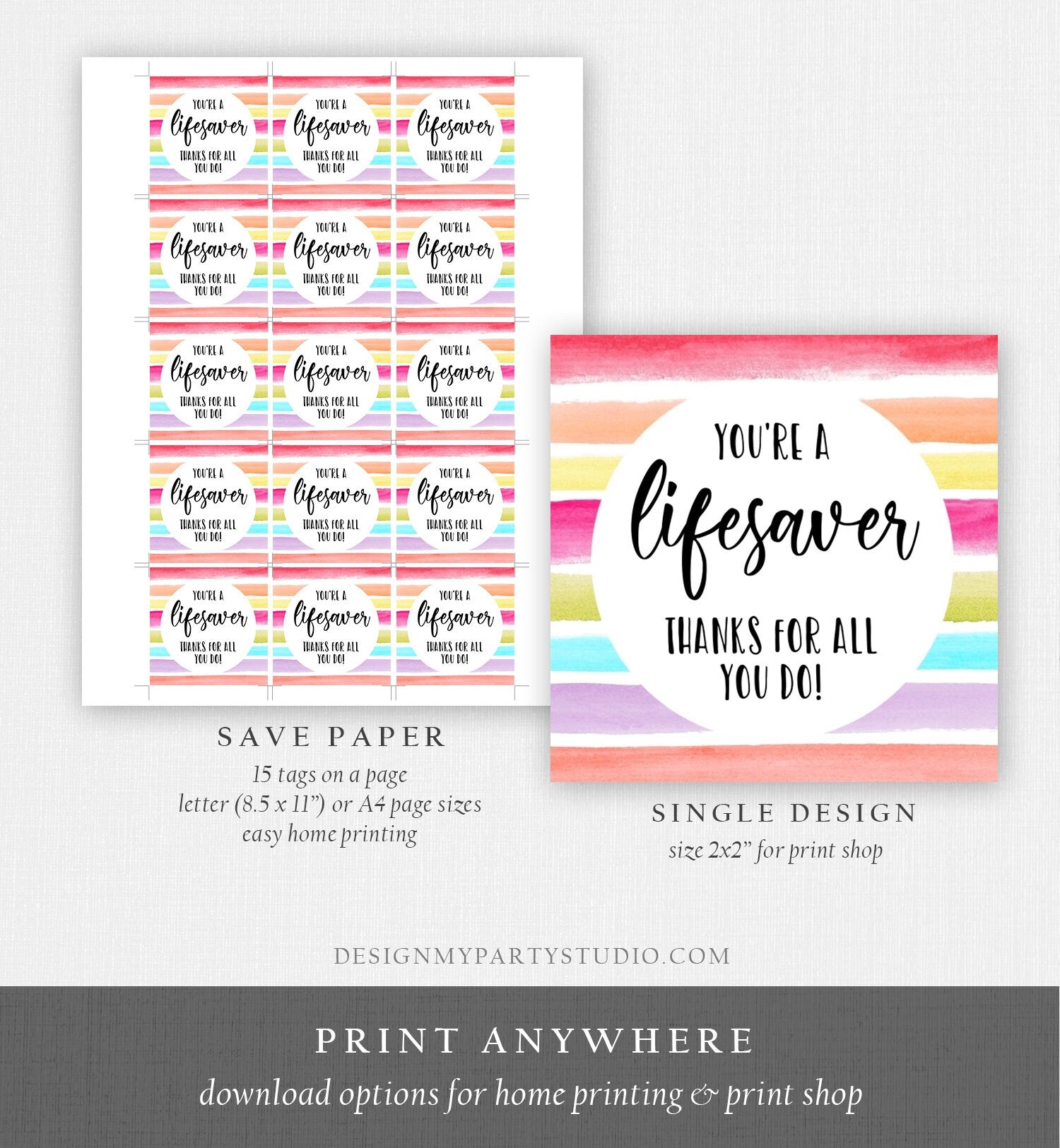 Editable Thank You Tag Nurse Teacher Appreciation PTA PTO Tag Nurse Doctor Thank You Sticker Label You're a lifesaver Corjl Template