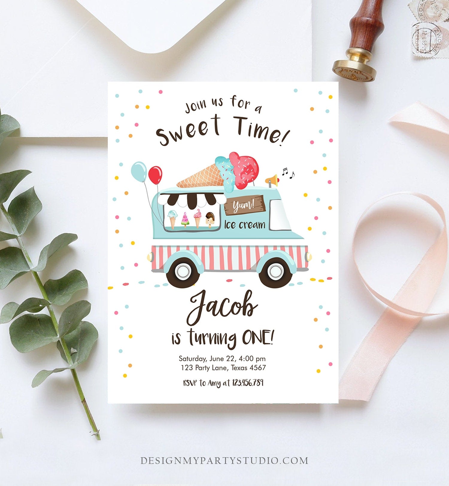 Editable Ice Cream Truck Birthday Invitation Ice Cream Party Cone Boy Girl Sweet Time Digital Download Evite Template Printable 0243