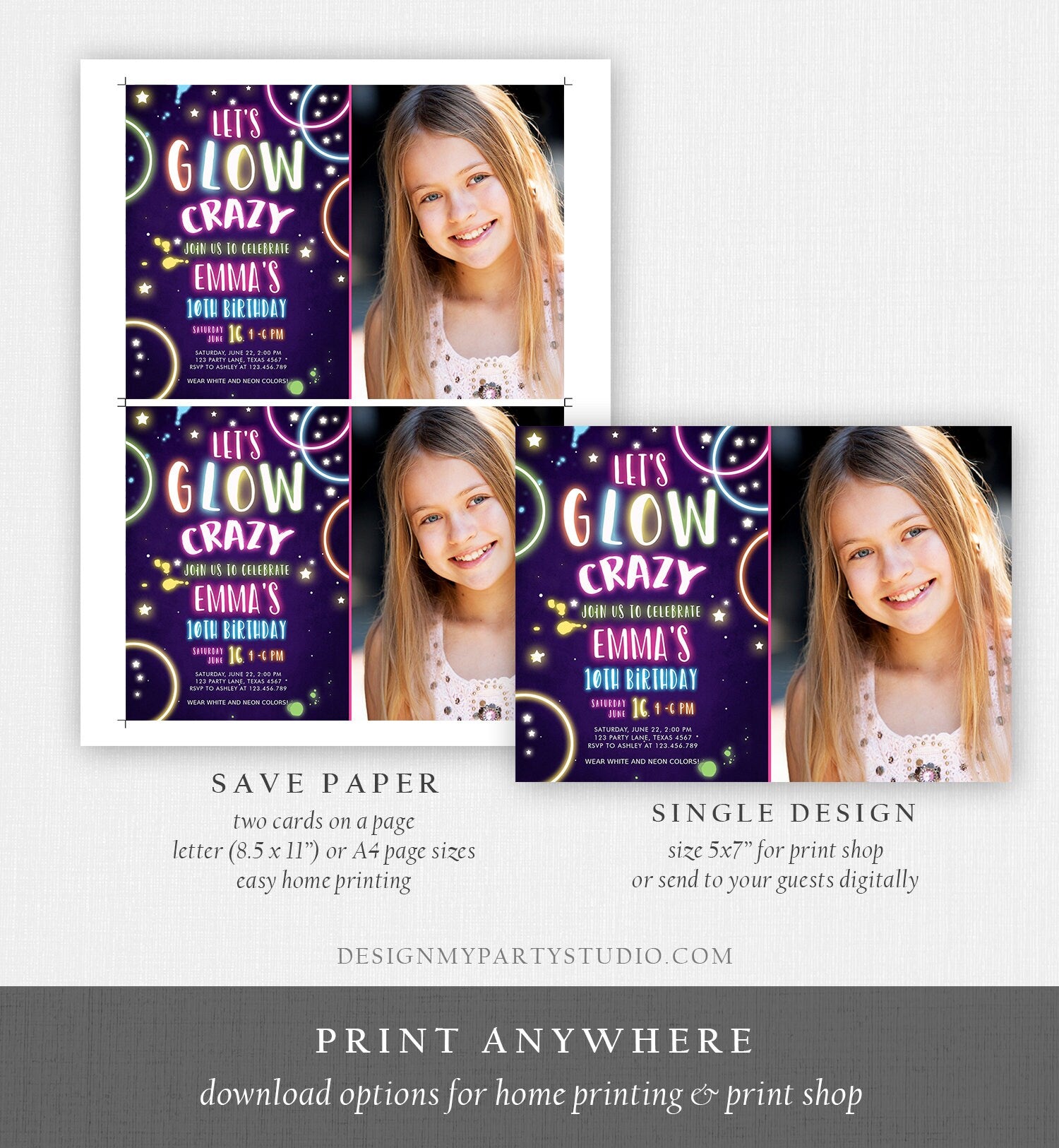 Editable Let's Glow Crazy Birthday Invitation Glow Party Neon Glow In The Dark Party Girls Teen Pink Download Printable Template Corjl 0172