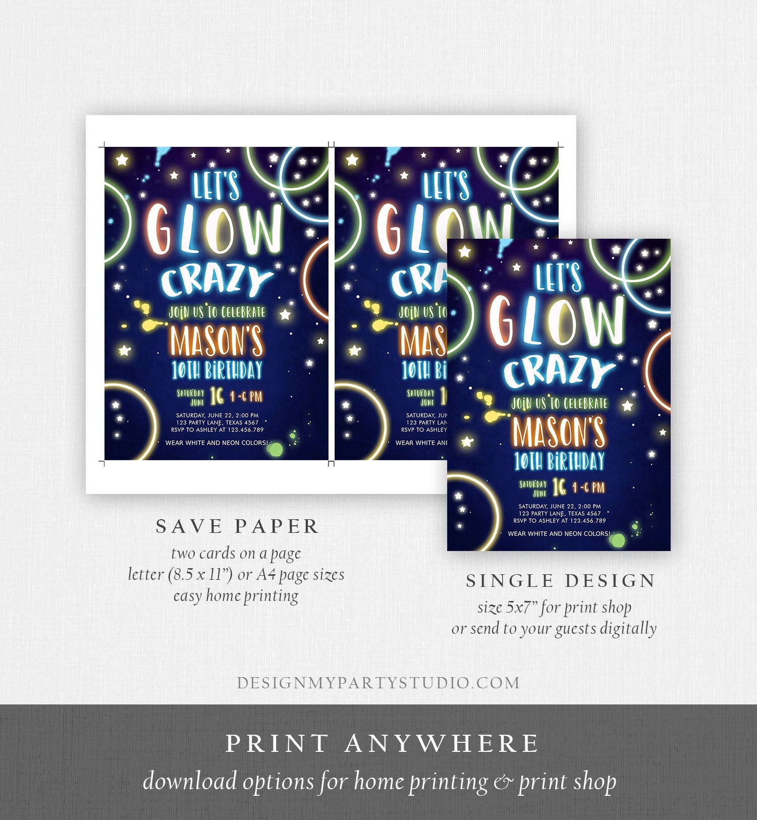 Editable Let's Glow Crazy Birthday Invitation Glow Party Neon Glow In The Dark Party Boy Teen Blue Download Printable Template Corjl 0172