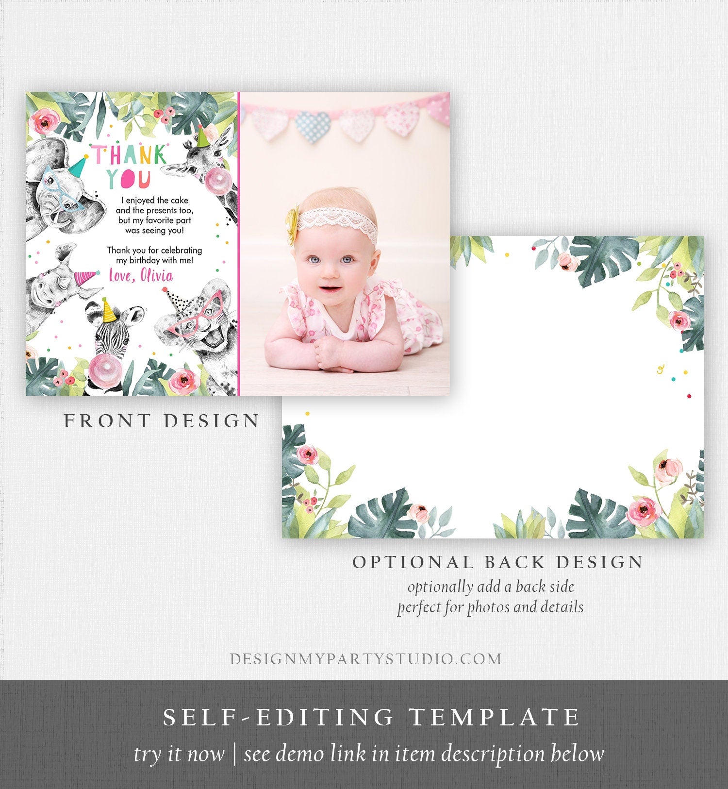 Editable Thank You Card Safari Animals Wild One Two Wild Thank You Note Girl Pink Gold Zoo Party Animals Digital Template Printable 0322