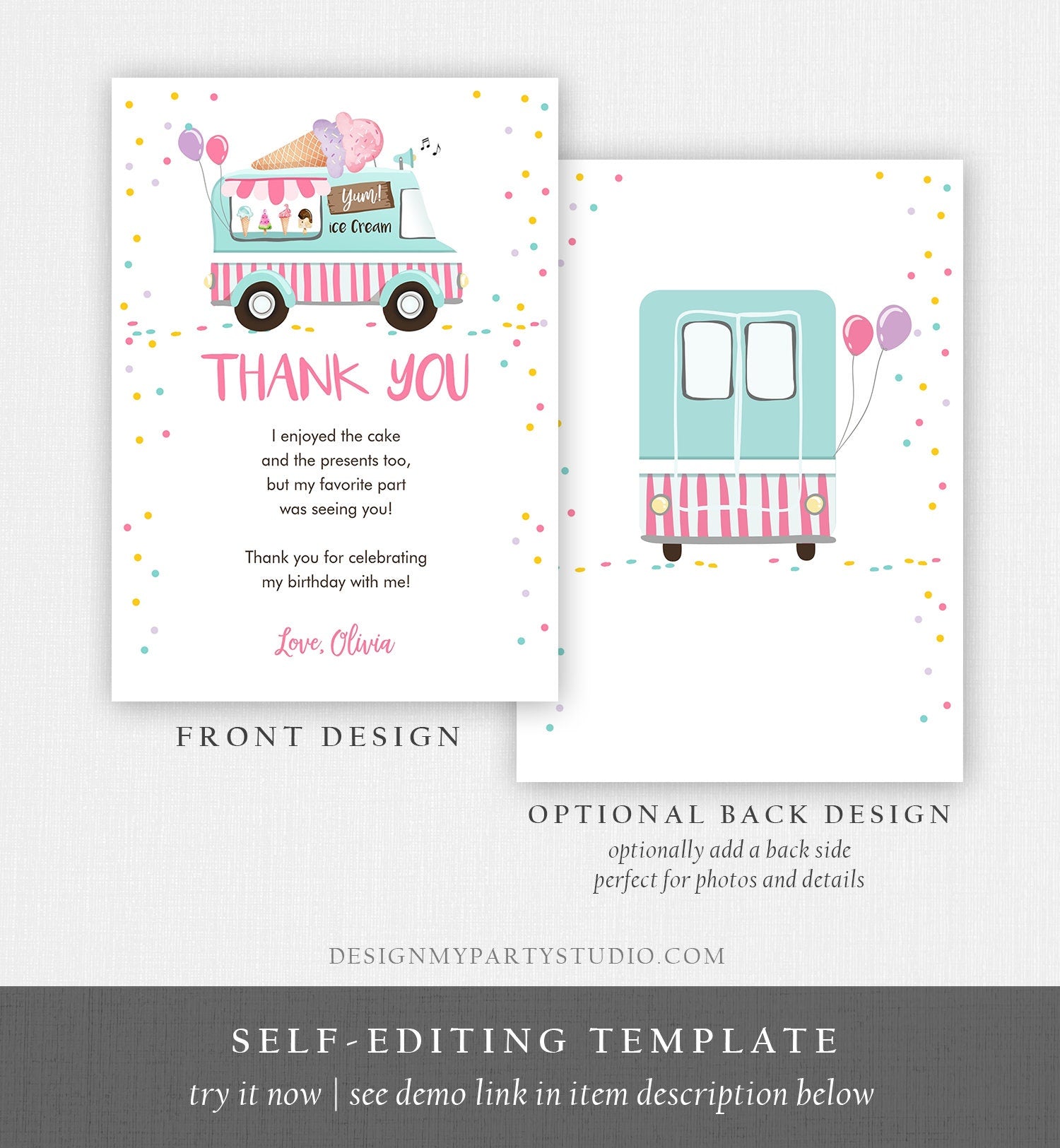 Editable Thank You Card Ice Cream Truck Birthday Thank You Note Ice Cream Social Drive by Party Scoop Printable Template Corjl 0243