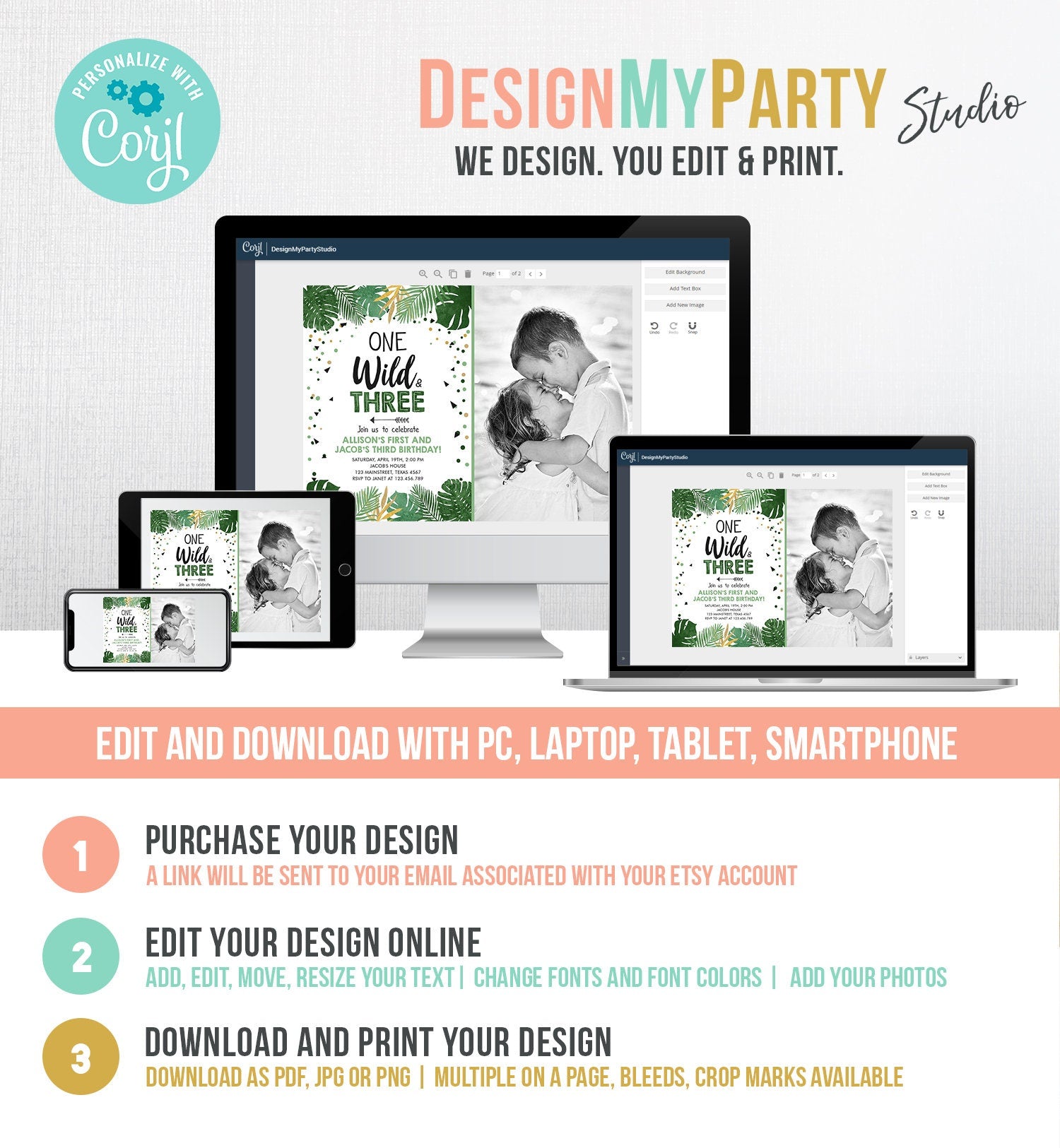 Editable One Wild and Three Birthday Invitation Safari Tropical Party 1st 3rd First Third Birthday Coed Joined Boy Template Printable 0332