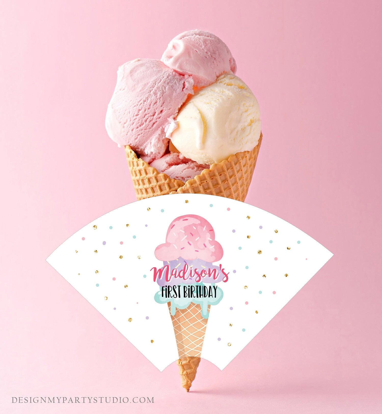 Editable Ice Cream Cone Wrapper Ice Cream Label Ice Cream Birthday Girl Pink Ice Cream Social Cone Wrapper Ice Cream Bar Template Corjl 0243