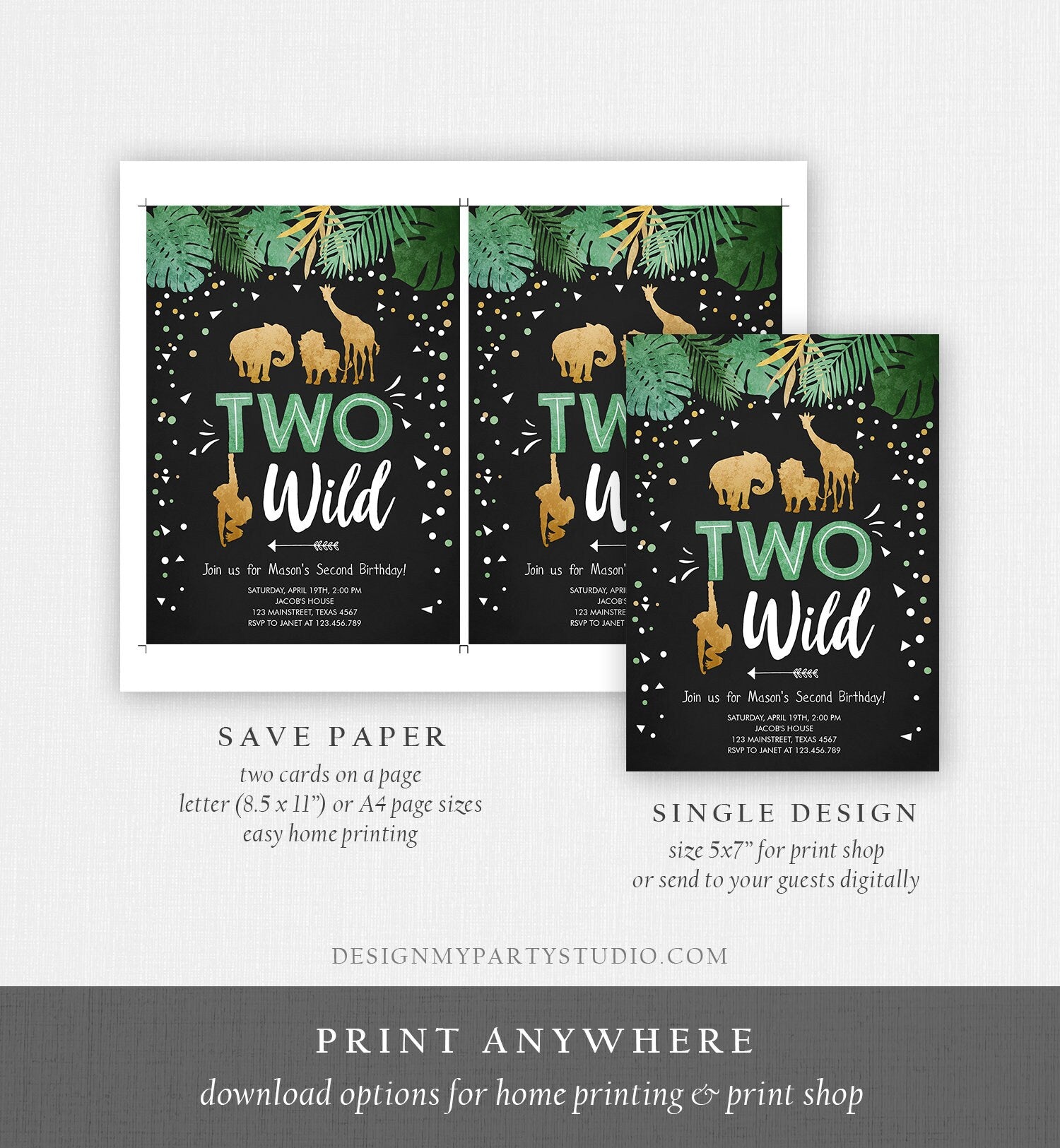 Editable Two Wild Birthday Invitation Safari Animals Wild Animals Black Gold Second Birthday 2nd Digital Download Template Printable 0016