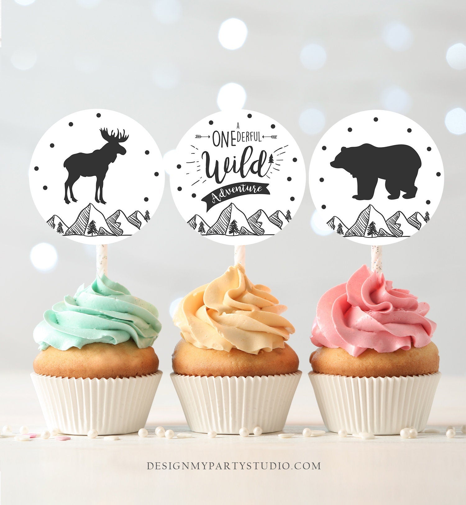 Wild Adventure Cupcake Toppers Favor Tags Birthday Party Decoration Lumberjack Outdoor Woodland Bear Moose Decor Digital PRINTABLE 0083