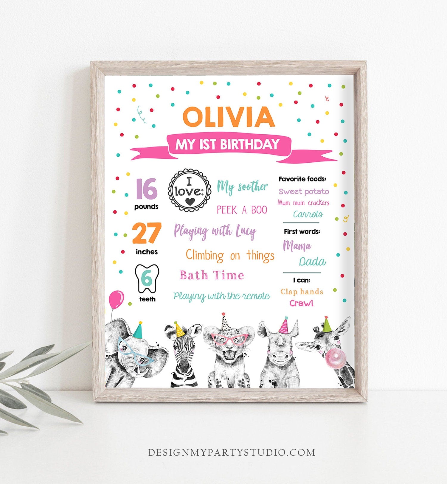 Editable Party Animals Birthday Milestones Sign Girl Pink Blue First Birthday 1st Safari Animals Wild Zoo Digital Template Printable 0390