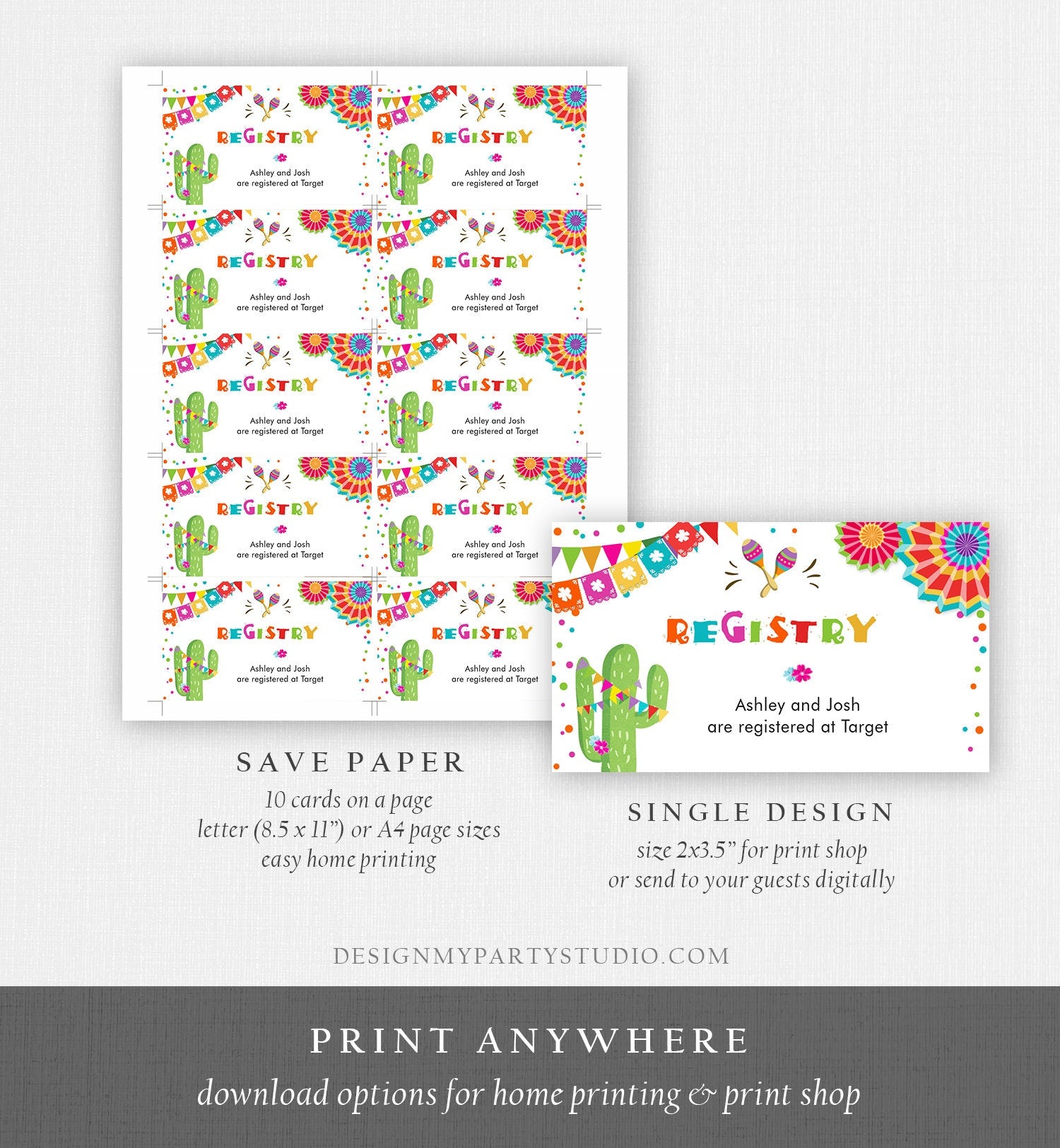 Editable Fiesta Insert Card Registry Card Enclosure Baby Bridal Shower Birthday Cactus Mexican Succulent Digital Template Printable 0045