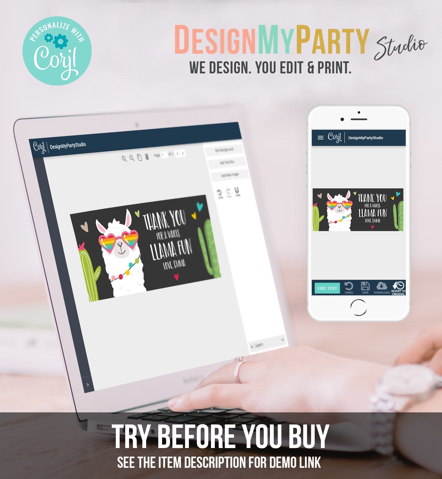 Editable Llama Treat Bag Toppers Llama Birthday Girl Sunglasses Hearts Pink Thank you Whole Llama Fun Loot Bag Fiesta PRINTABLE Corjl 0079