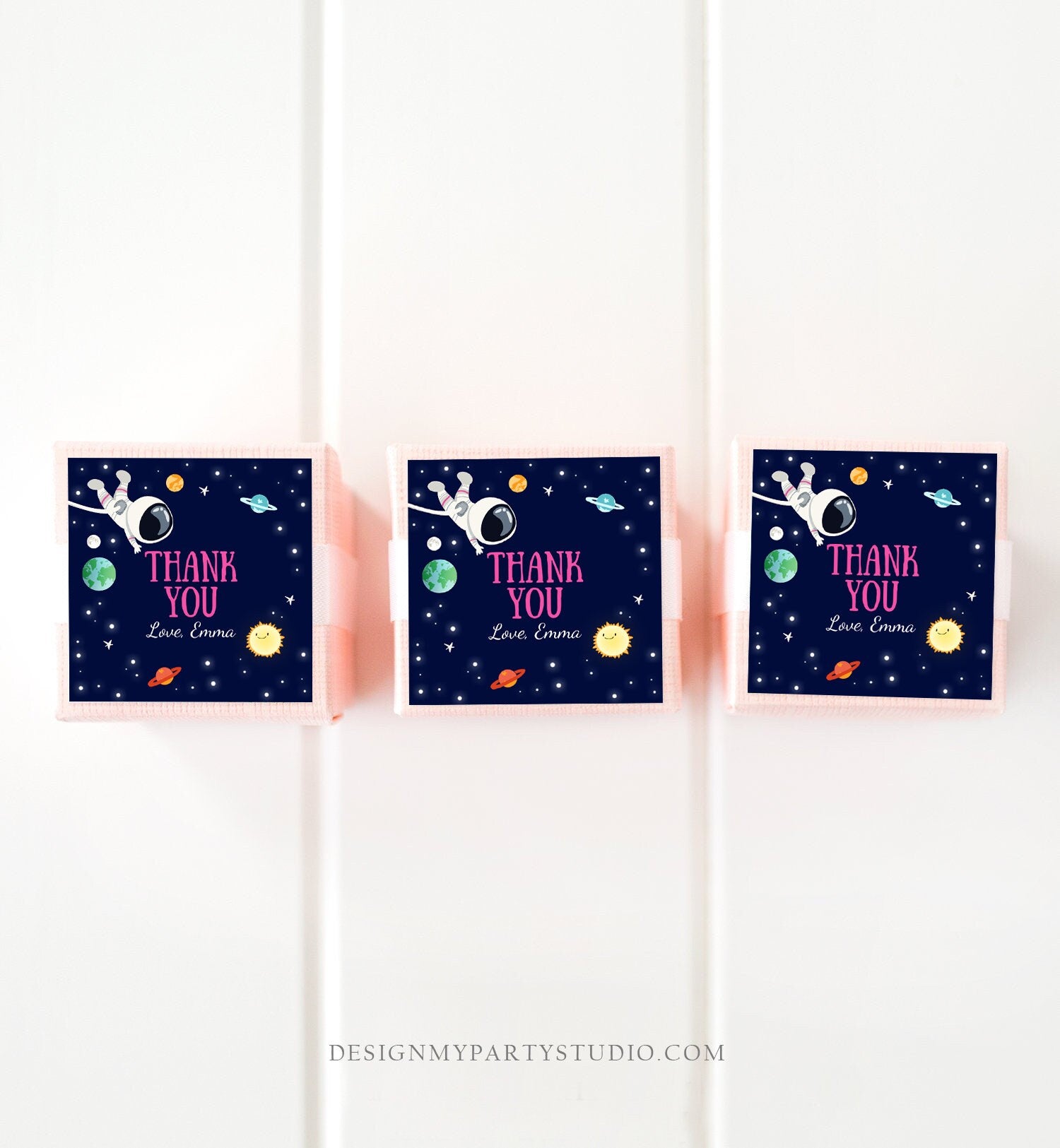 Editable Girl Space Astronaut Favor Tag Thank You Birthday Party Outer Space Galaxy Planets Stars Sticker Digital Template Printable 0259