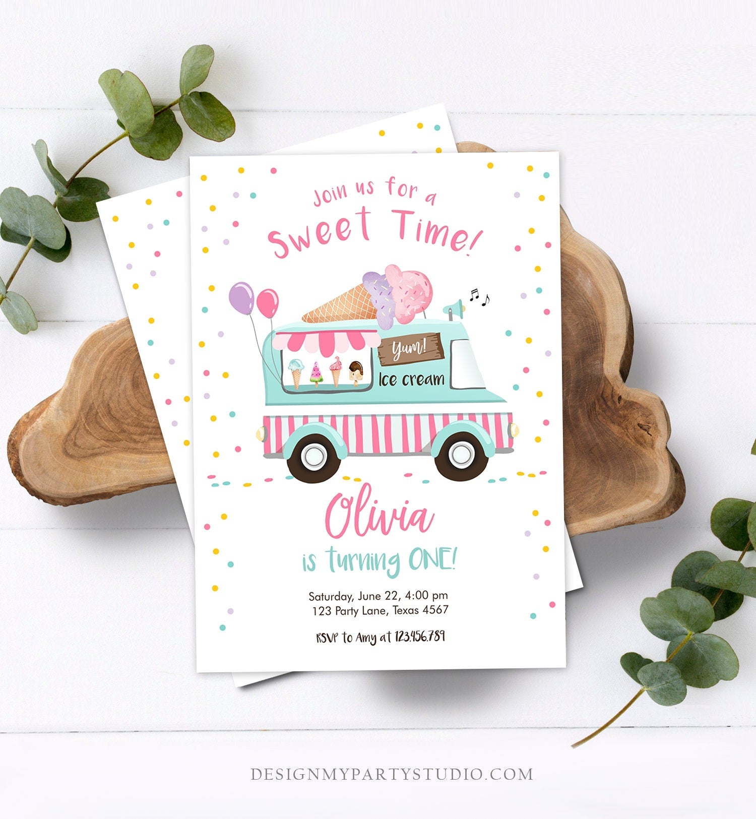 Editable Ice Cream Truck Birthday Invitation Ice Cream Birthday Party Cone Pink Mint Purple Any Age Scoop Printable Template Corjl 0243