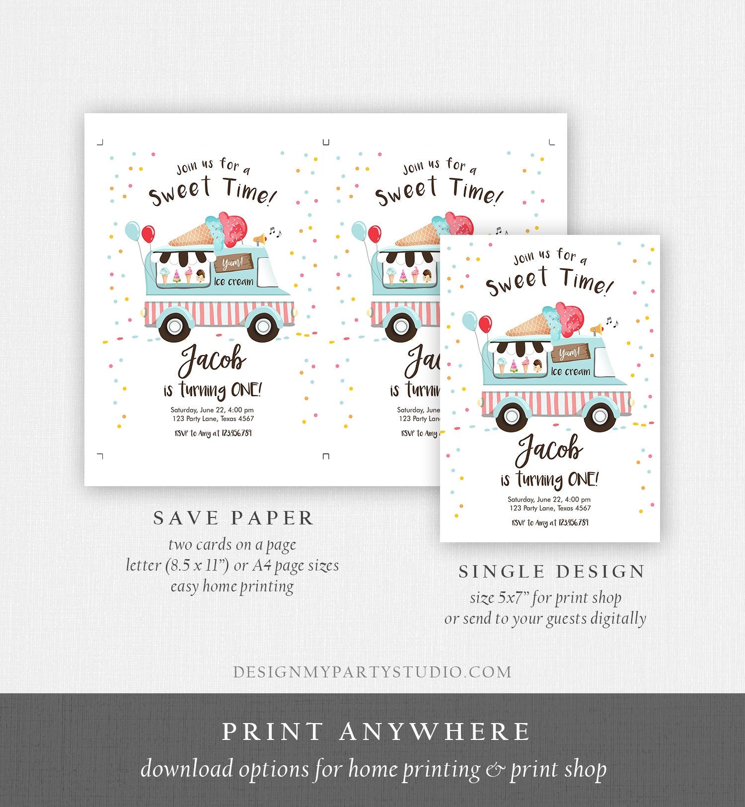 Editable Ice Cream Truck Birthday Invitation Ice Cream Party Cone Boy Girl Sweet Time Digital Download Evite Template Printable 0243