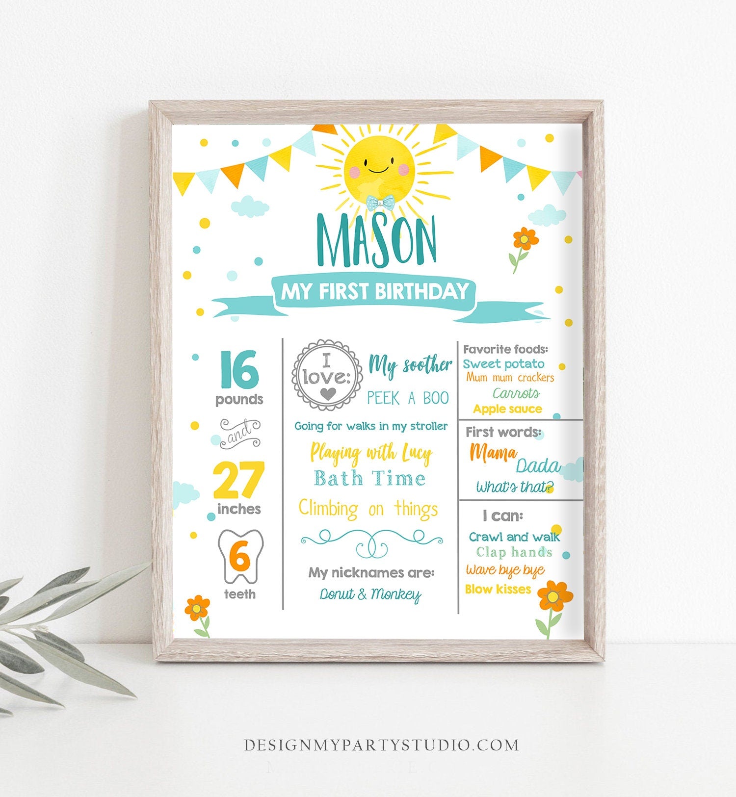 Editable Little Sunshine Birthday Milestones Sign Summer Boy First Birthday 1st Blue Bow Tie Digital Download Template Printable 0141