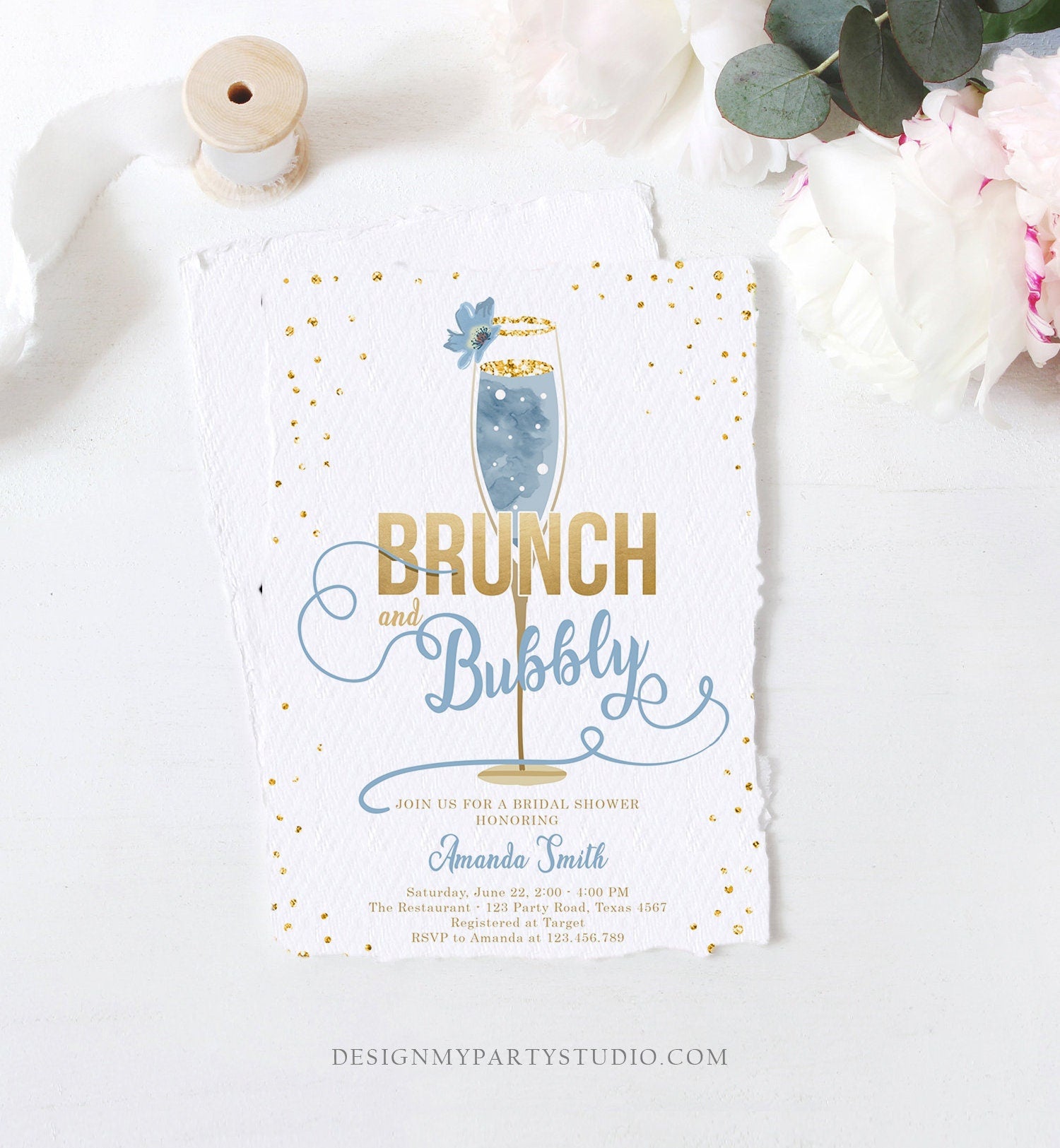 Editable Brunch and Bubbly Bridal Shower Invitation Floral Champagne Gold Dusty Blue Wedding Digital Download Evite Template Printable 0150