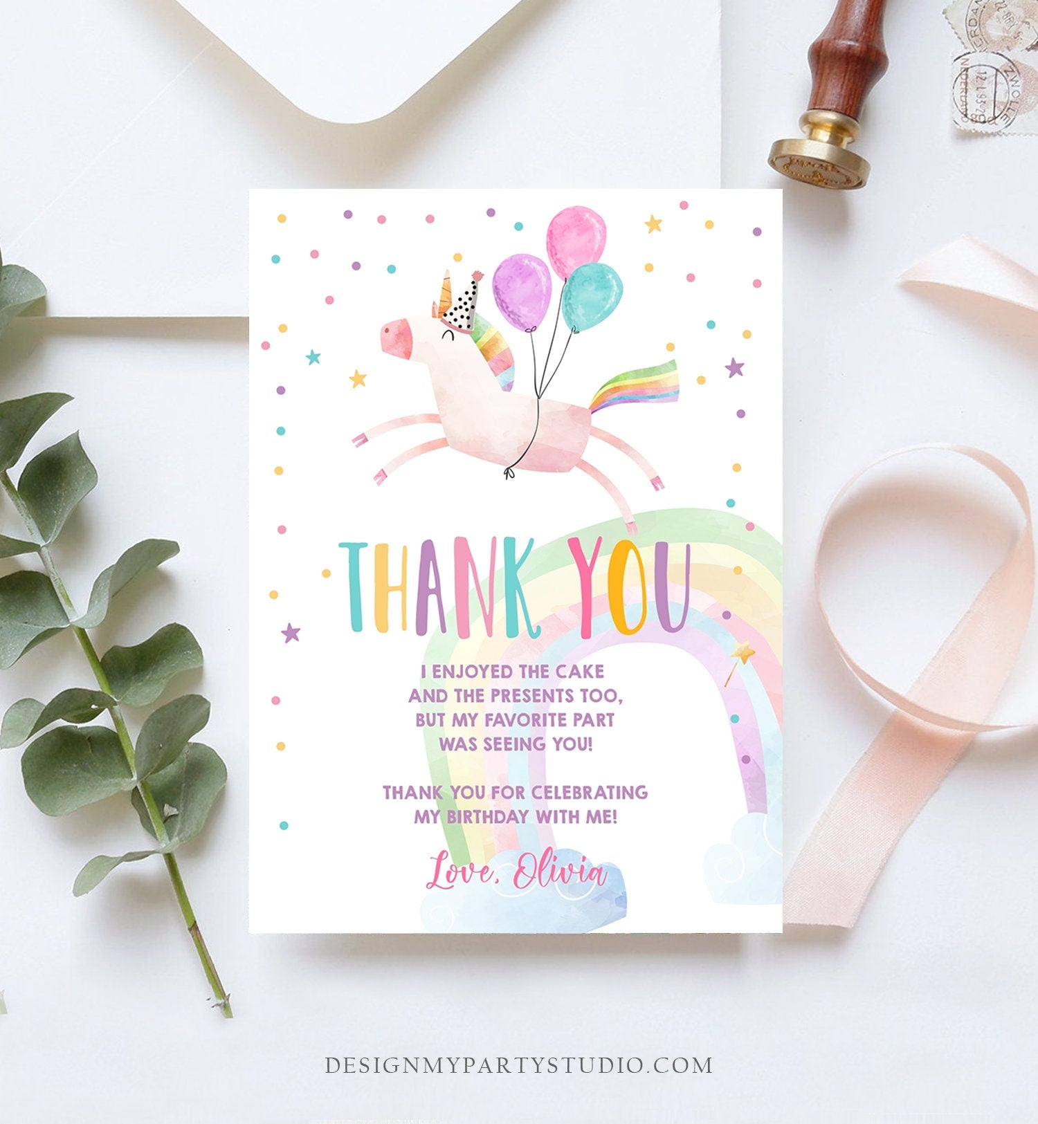 Editable Unicorn Thank You Card Girl Birthday Thank You Note Pink Gold Magical Party Baby Shower Download Digital Template Printable 0336