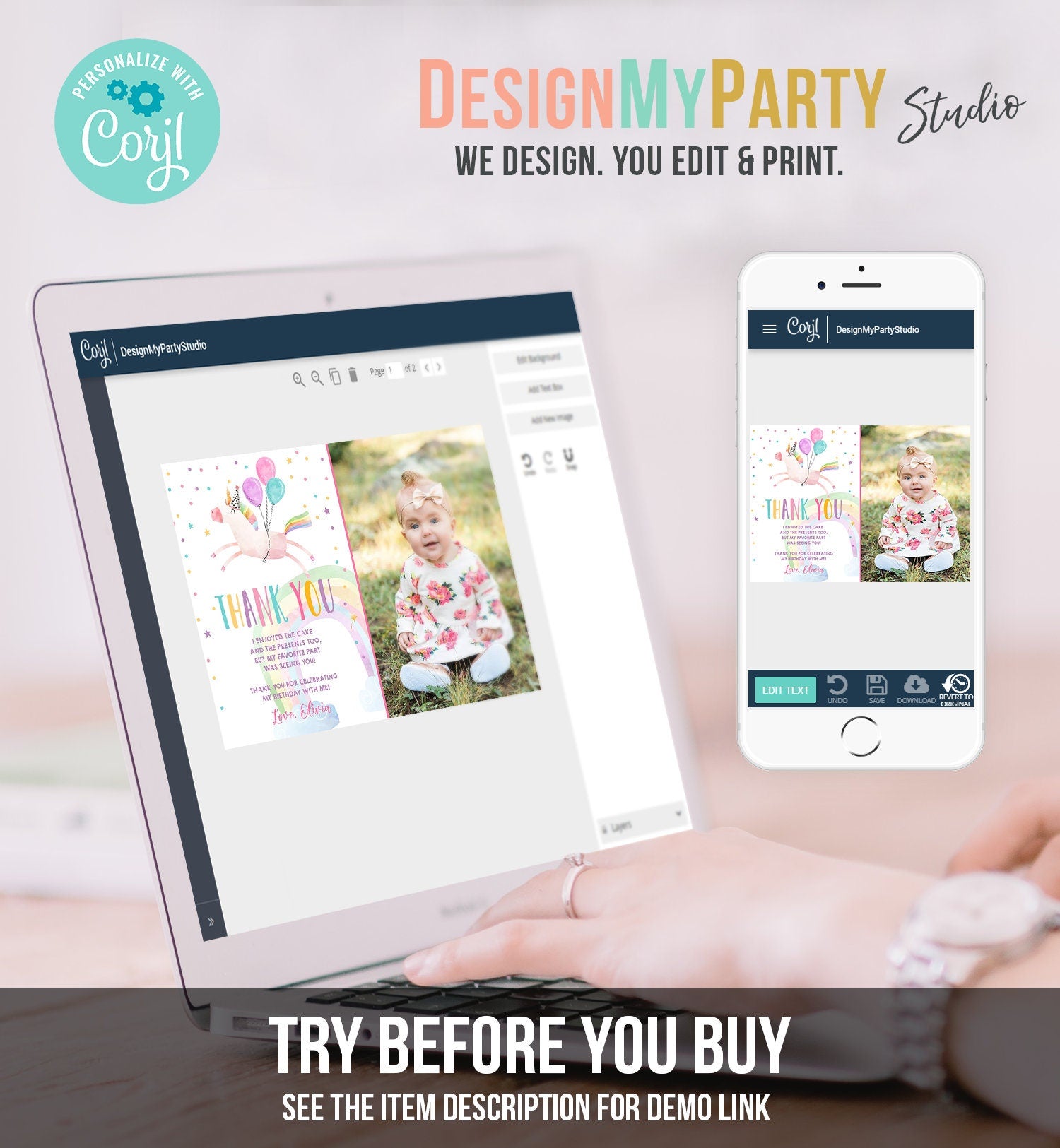 Editable Unicorn Thank You Card Girl Birthday Thank You Note Pink Gold Magical Party Baby Shower Digital Download Template Printable 0336