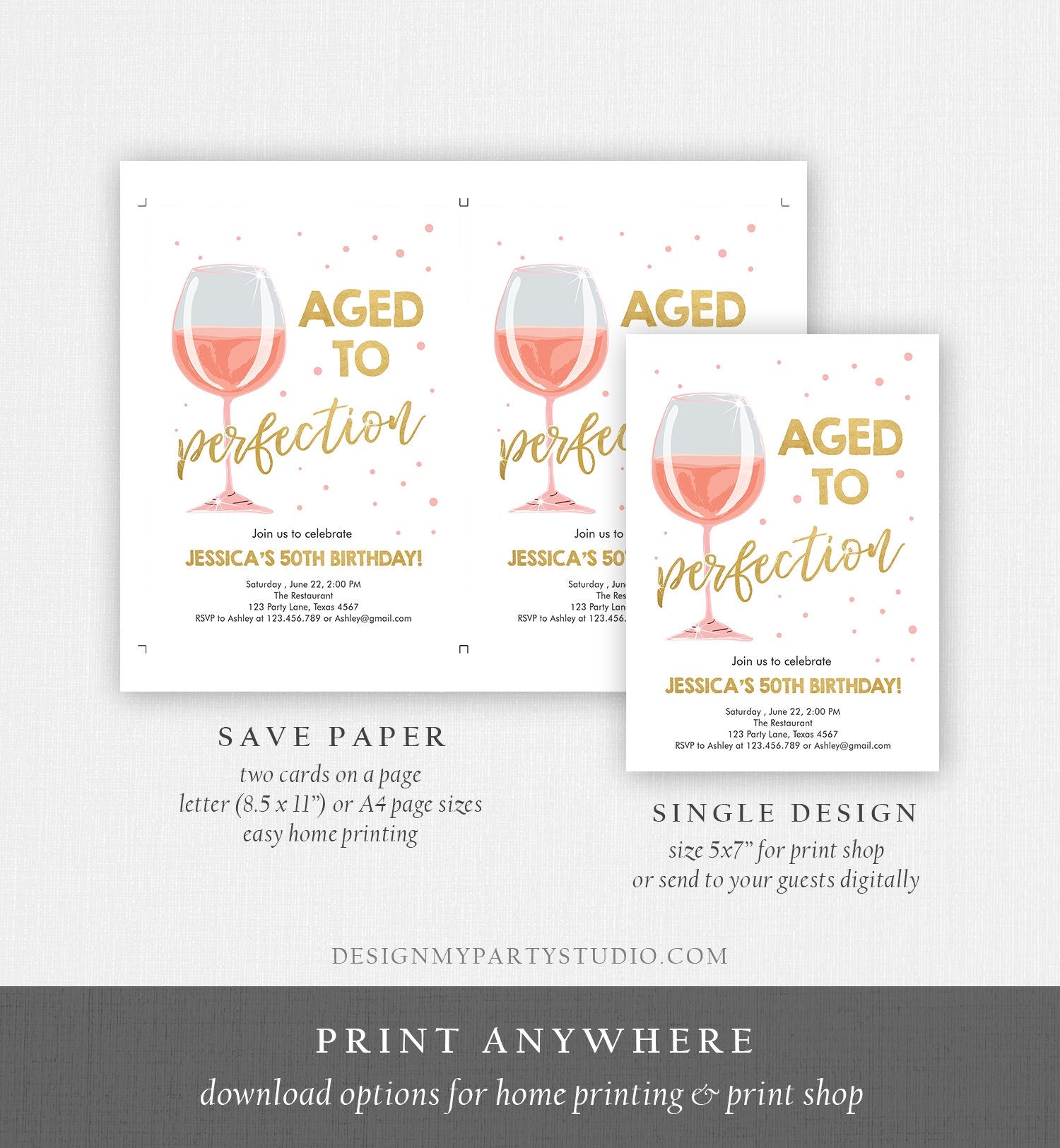 Editable Aged to Perfection Birthday Invitation Pink Rose Wine Glass Adult Birthday Party Rustic Surprise Digital Template Printable 0252