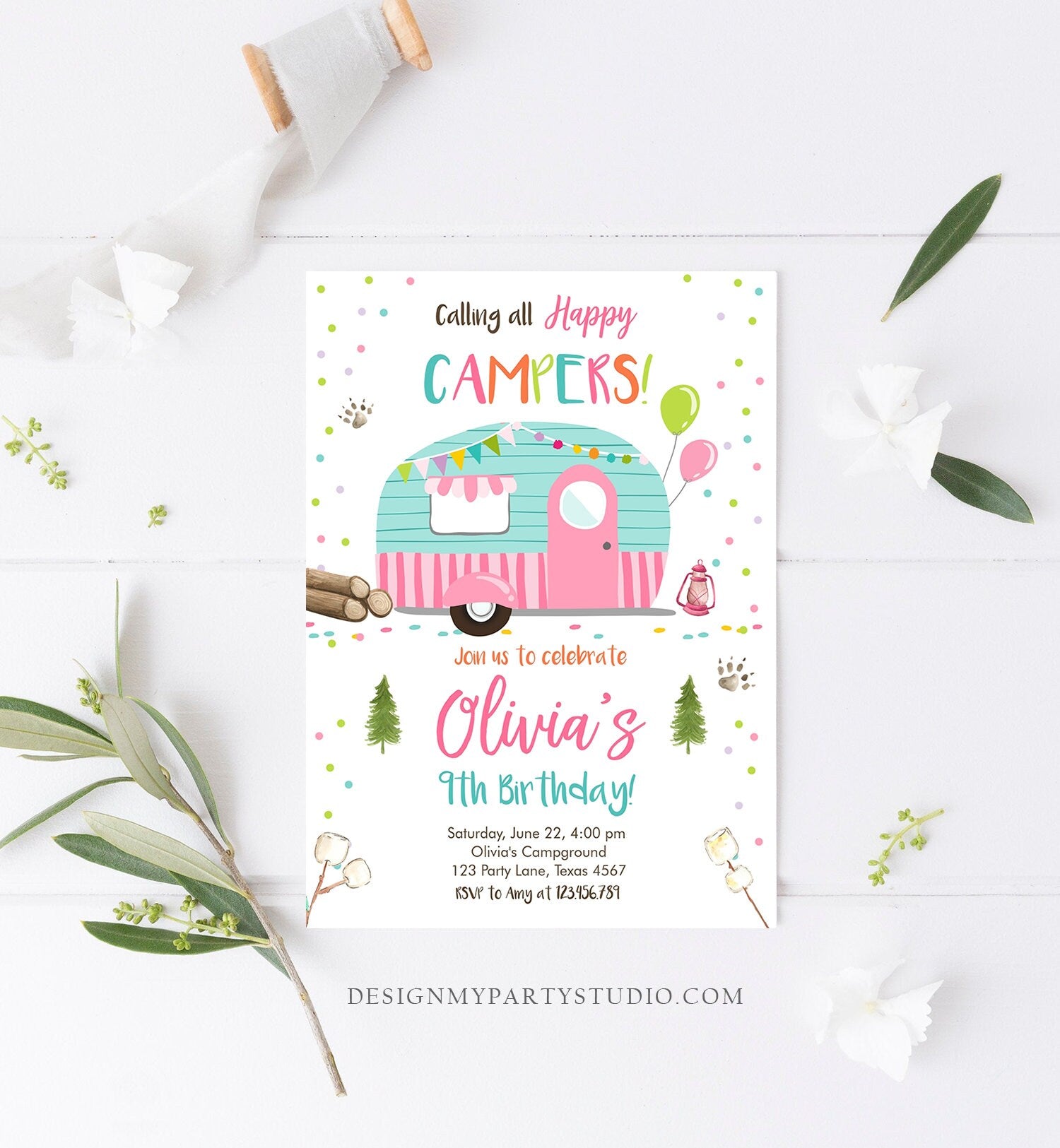 Editable Happy Camper Birthday Invitation Girl Pink Camping Party Pink Camper Glamping Digital Download Template Printable 0342
