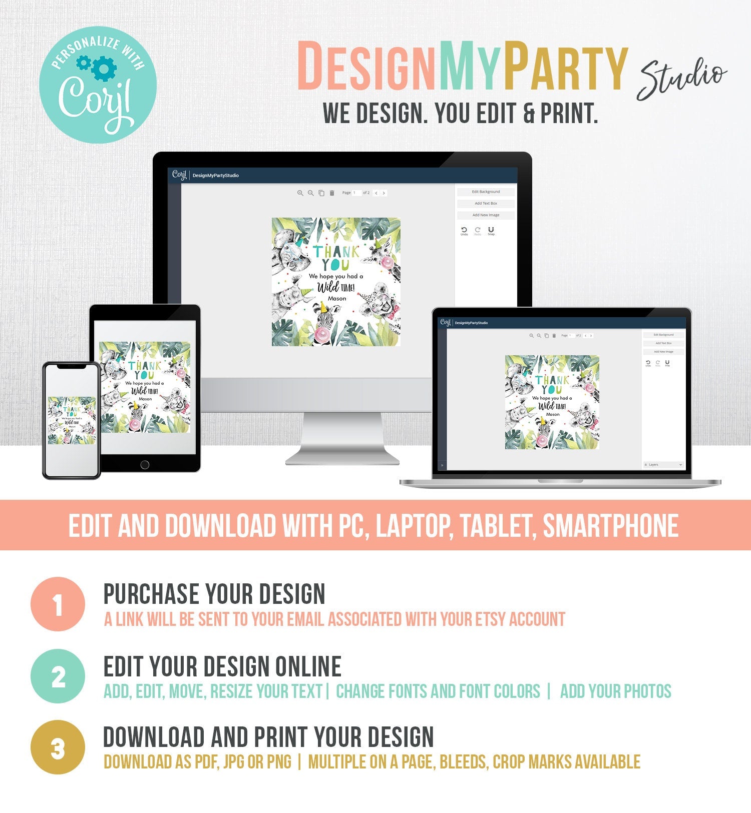 Editable Party Animals Favor Tag Wild One Safari Animals Thank You Wild Time Zoo Gift Boy Birthday Stickers Digital Template Printable 0322