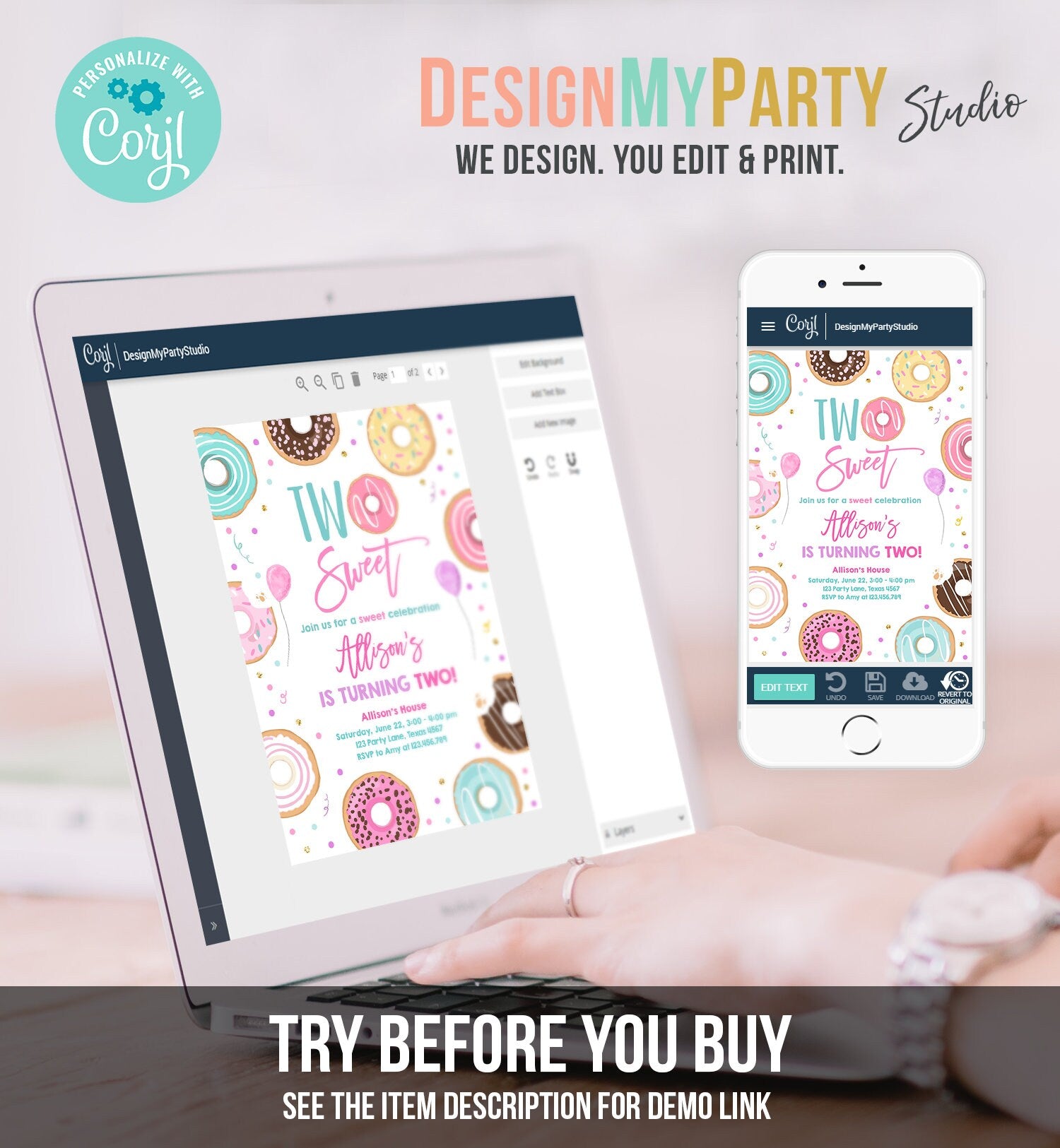 Editable Donut Two Sweet Birthday Invitation Second Birthday Party 2nd Pink Gold Girl Doughnut Pastel Download Corjl Template Printable 0343