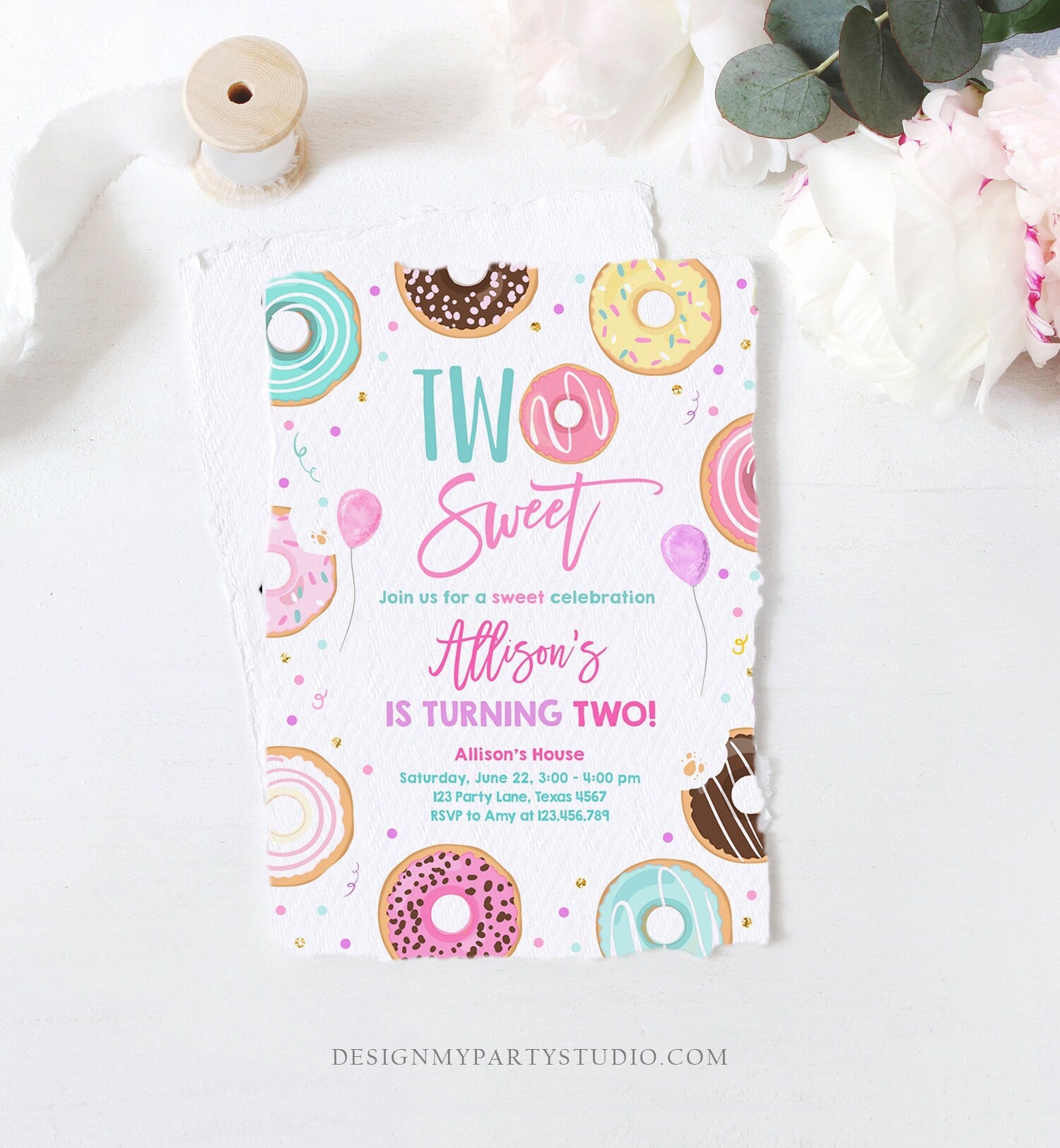 Editable Donut Two Sweet Birthday Invitation Second Birthday Party 2nd Pink Gold Girl Doughnut Pastel Download Corjl Template Printable 0343