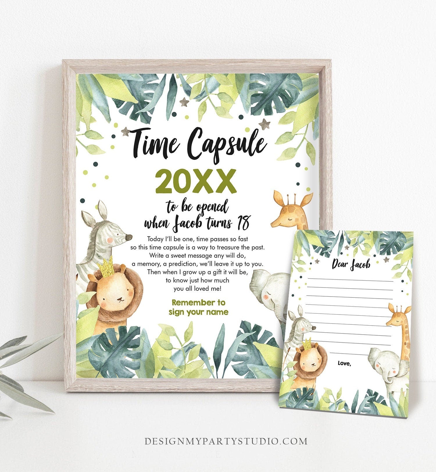 Editable Safari Animals Time Capsule First Birthday Boy Wild One First Birthday Party Zoo Safari Shower Animals Jungle Corjl Template 0163