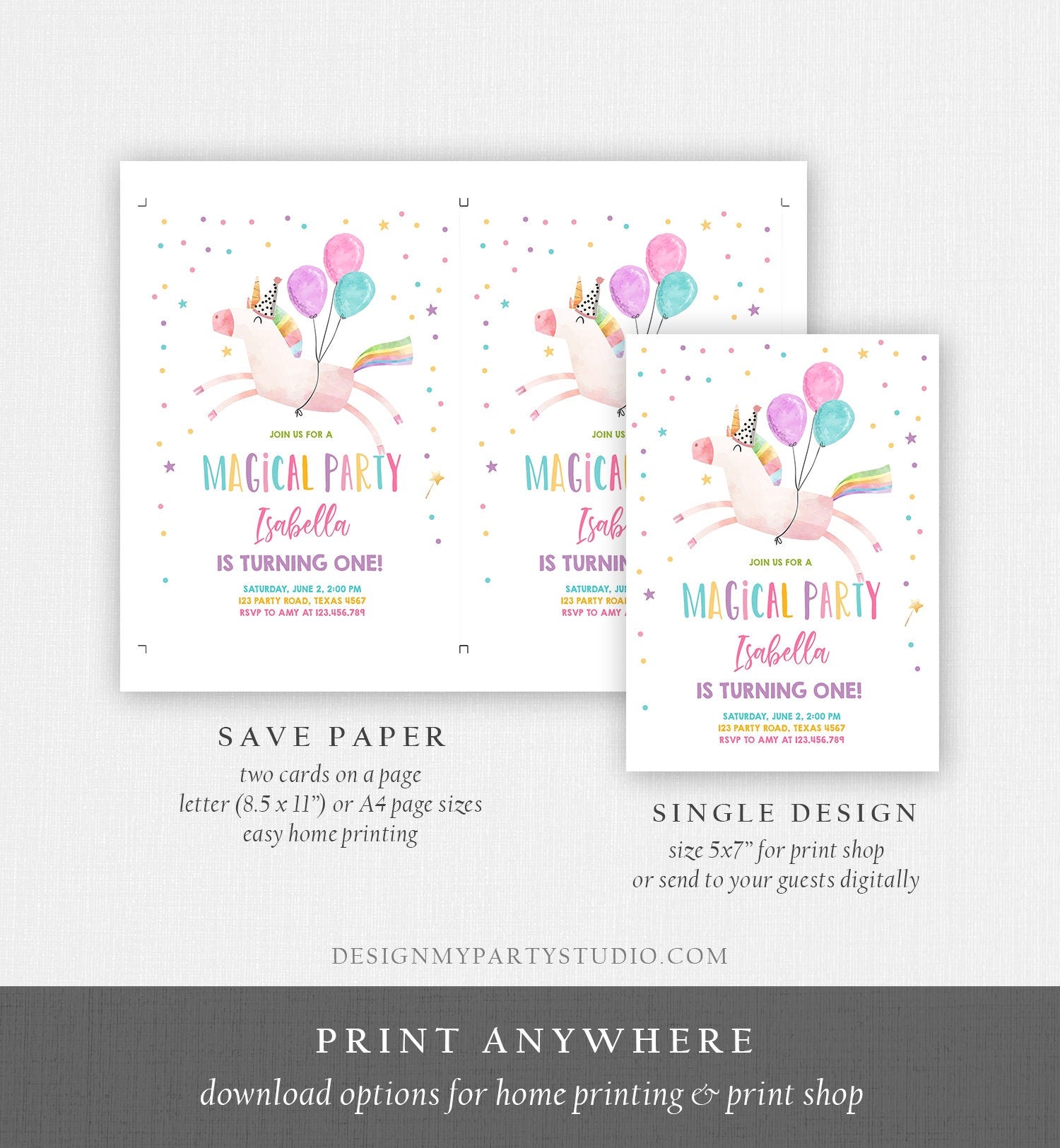 Editable Unicorn Birthday Invitation Magical Party Invite Girl Pink First Birthday Digital Invite Template Rainbow Download Corjl 0336
