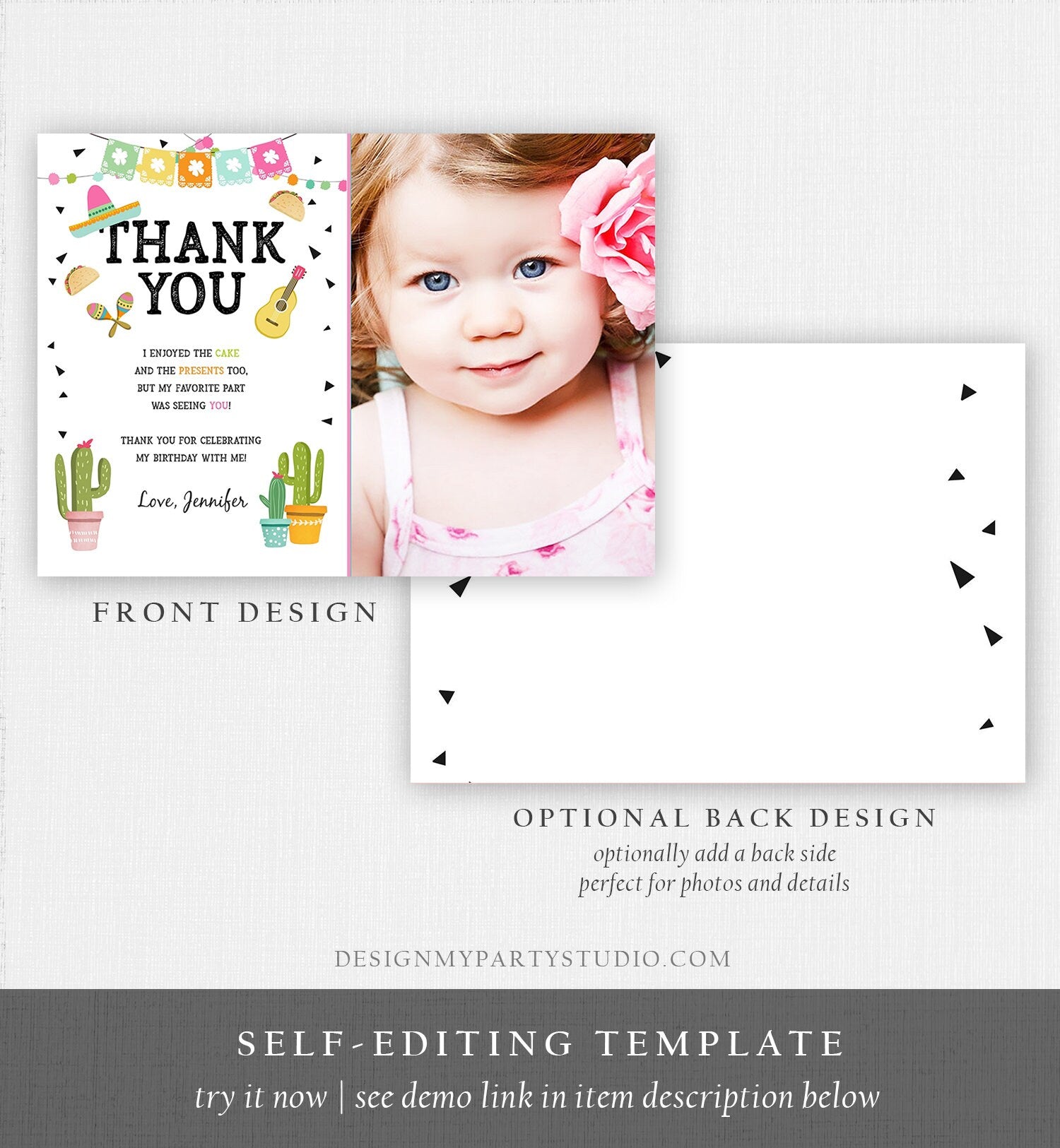 Editable Taco Fiesta Thank You Card Birthday Party Baby Bridal Shower Cactus Succulent Mexican Green Girl Digital Template Printable 0161