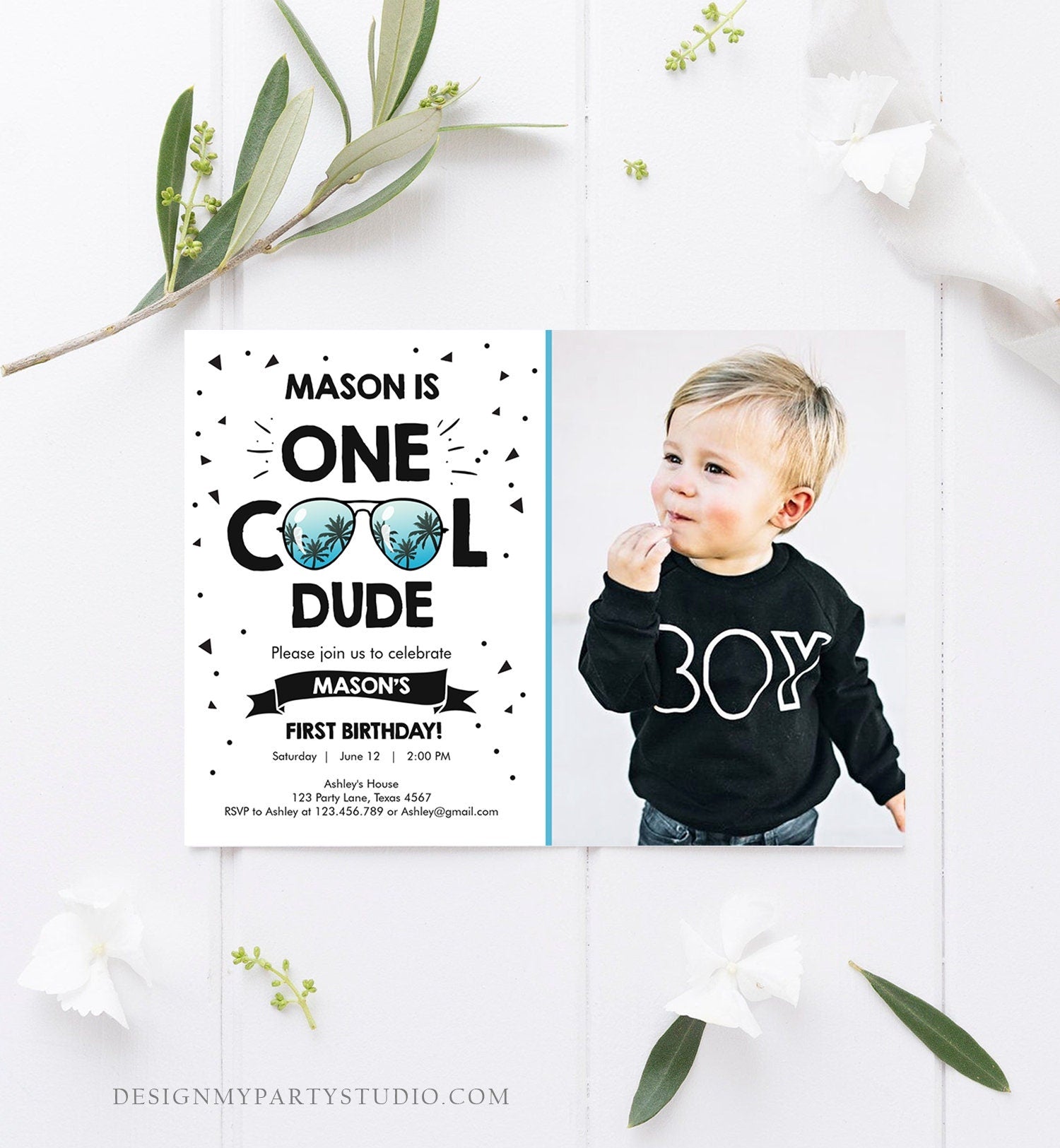 Editable One Cool Dude 1st Birthday Invitation Boy First Birthday Party Sunglasses Palm Tropical Pool Digital Evite Template Printable 0136