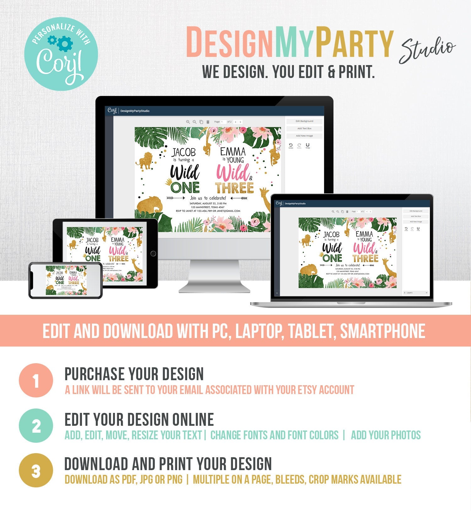 Editable Wild One Birthday Invitation Wild and Three Boy Girl Safari Animals Jungle Gold Joint Dual Combined Corjl Template Printable 0016