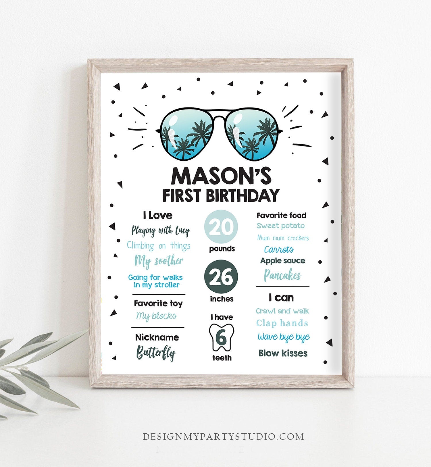 Editable Sunglasses Two Cool Birthday Milestones Sign Chalkboard Boy 1st First Birthday Second Palm Pilot Digital Template Printable 0136