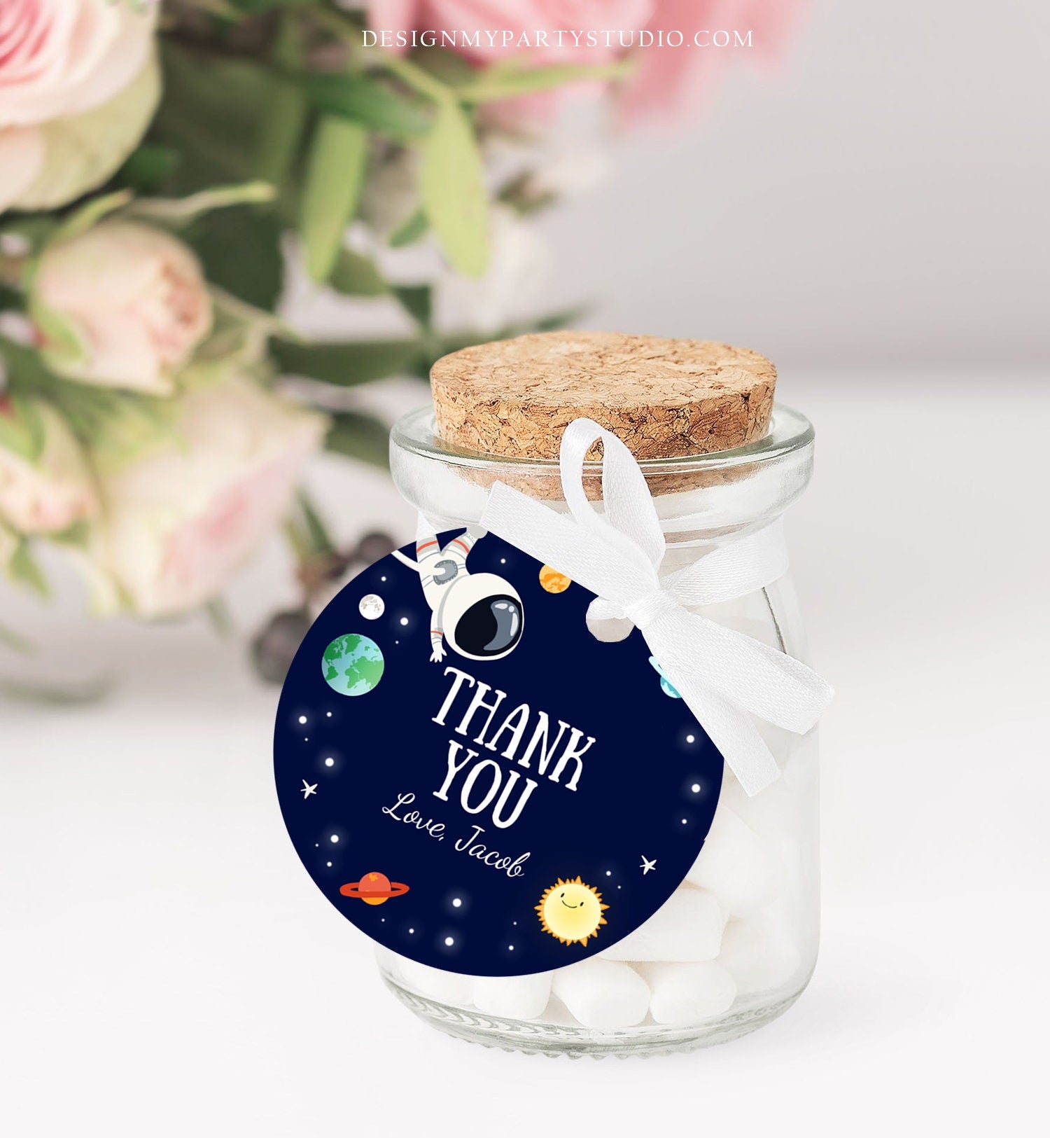 Editable Boy Space Astronaut Favor Tag Thank You Tag Birthday Party Outer Space Galaxy Planets and Stars Round Square Corjl Template 0259