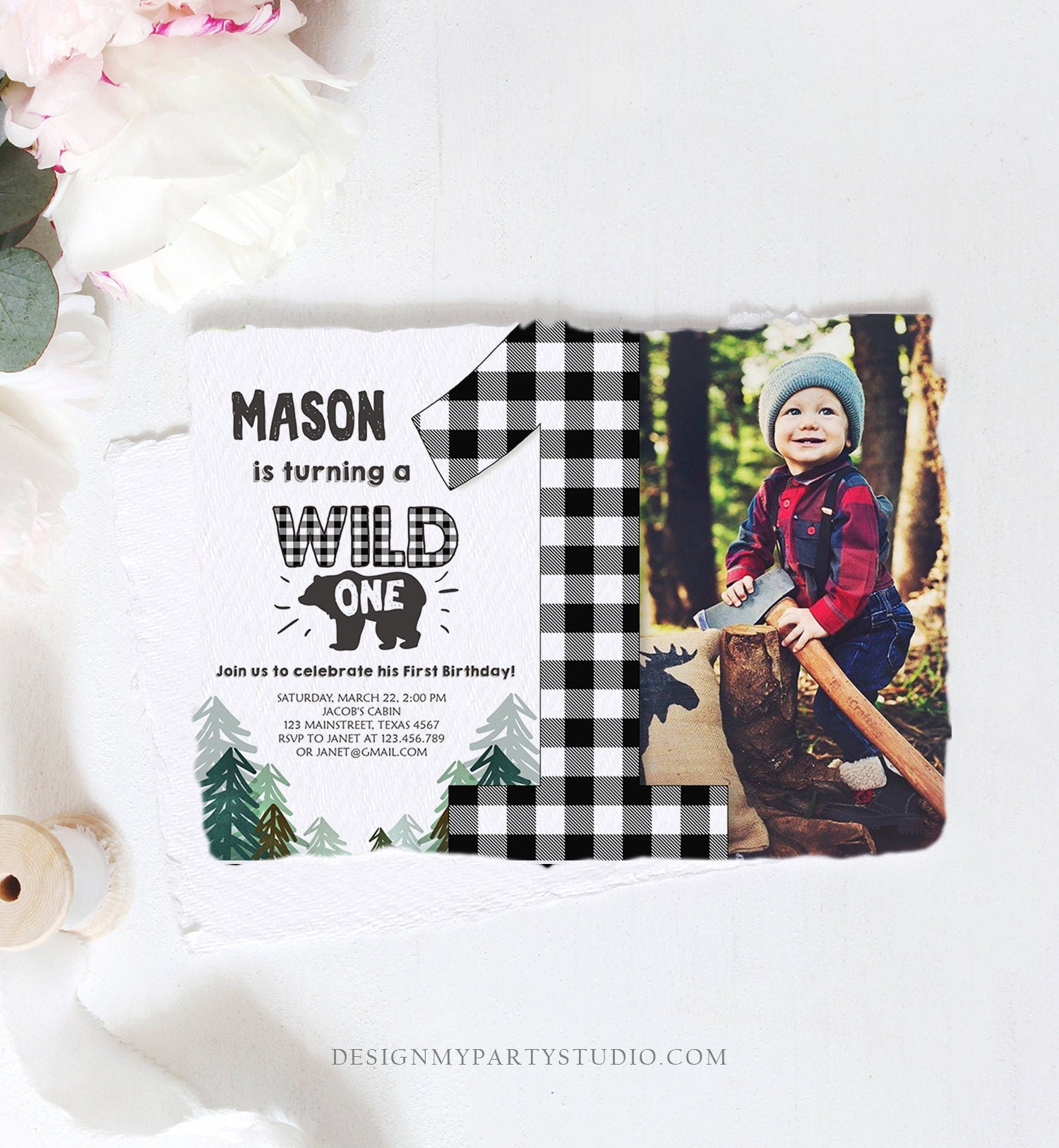 Editable Lumberjack Wild One Birthday Invitation First Birthday Forest Trees Black White Plaid Outdoor Bear Boy 1st Corjl Template 0377