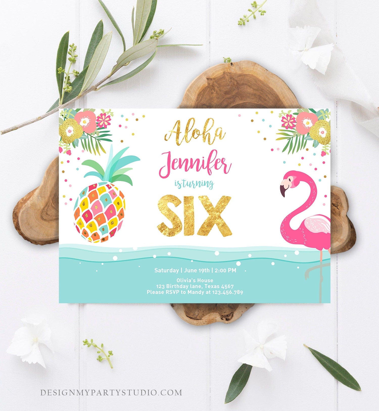 Editable Aloha Tropical Birthday Invitation ANY AGE Flamingo Pineapple Luau Party Leaves Pink Gold Hawaiian Corjl Template Printable 0200